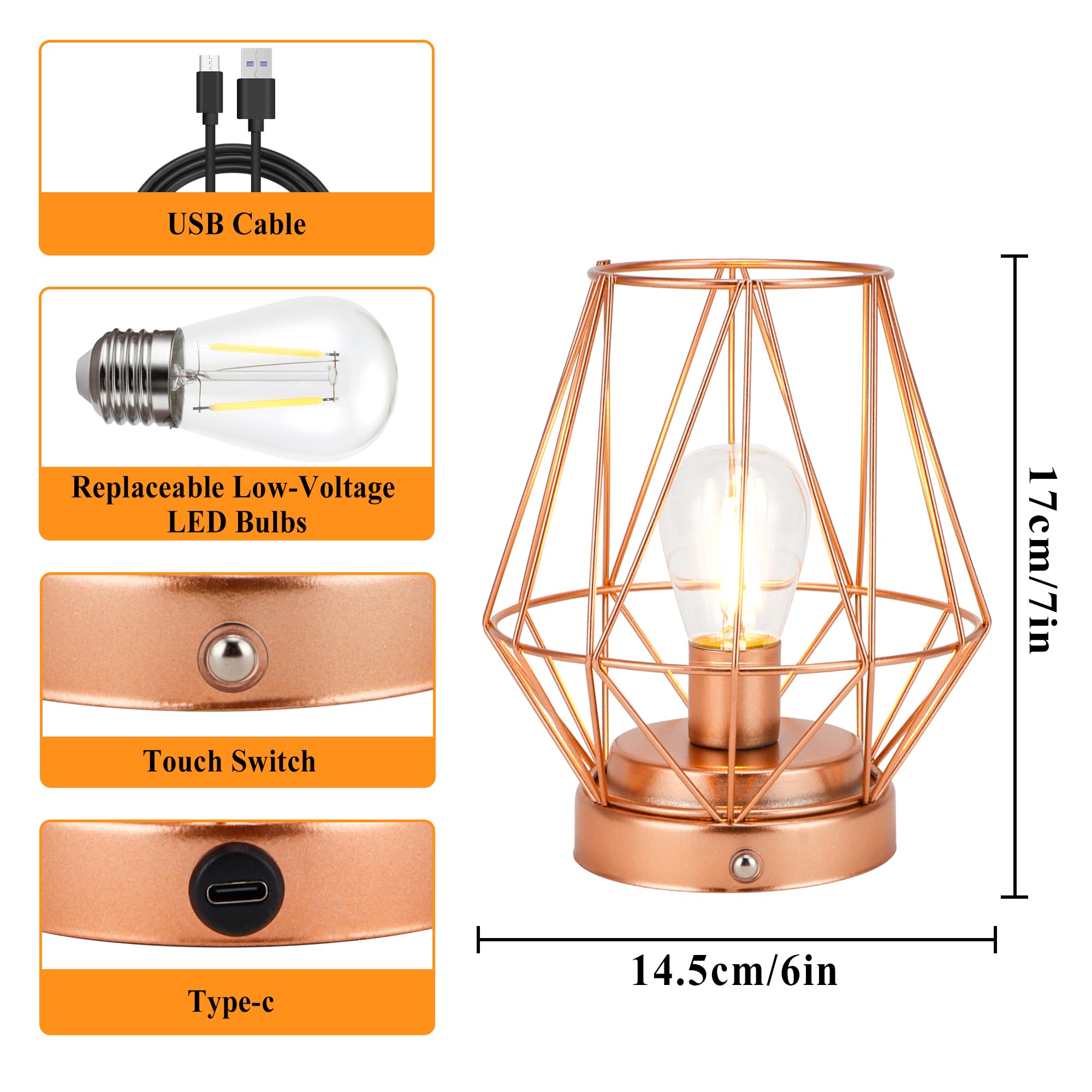 Uni-Gifts Set Of 2 Metal Battery Operated Lamp 7 "H Rechargeable Bedside Lamps Cage Shape Cordless Table Lamp Touch Dimmable Led Table Lights For Indoor Outdoor Bedrooms Office Wedding Parties Patio（Diamond）