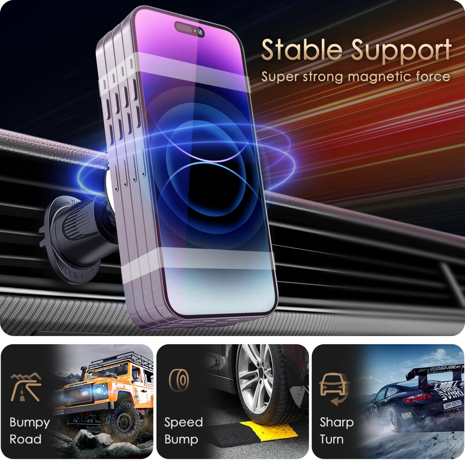 Volport Magnetic Car Mount Air Vent Cell Phone Holder, Universal Vehicle Dash Dashboard Ac Airvent Cellphone Magic Stand With Clip Hook, For Iphone 16 15 Samsung Lenovo Google Etc