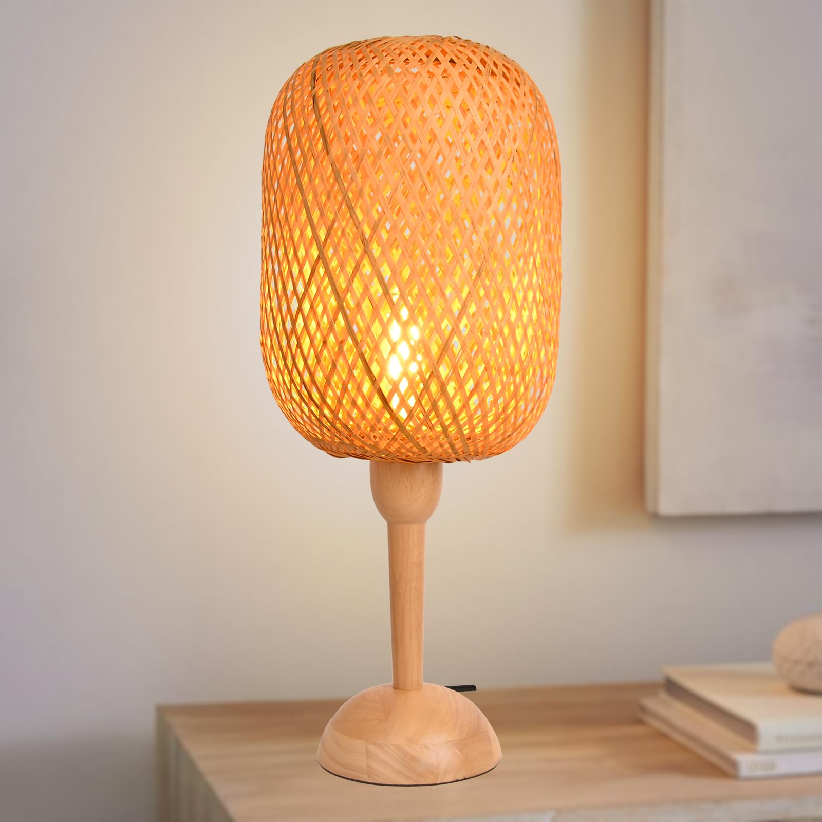 Arturesthome Large Bamboo Weaving Table Lamp With Wooden Base Eye-Caring Bedside Night Light,Wicker Table Lamp Rustic Desk Lamp For Kids Room,Home Decor
