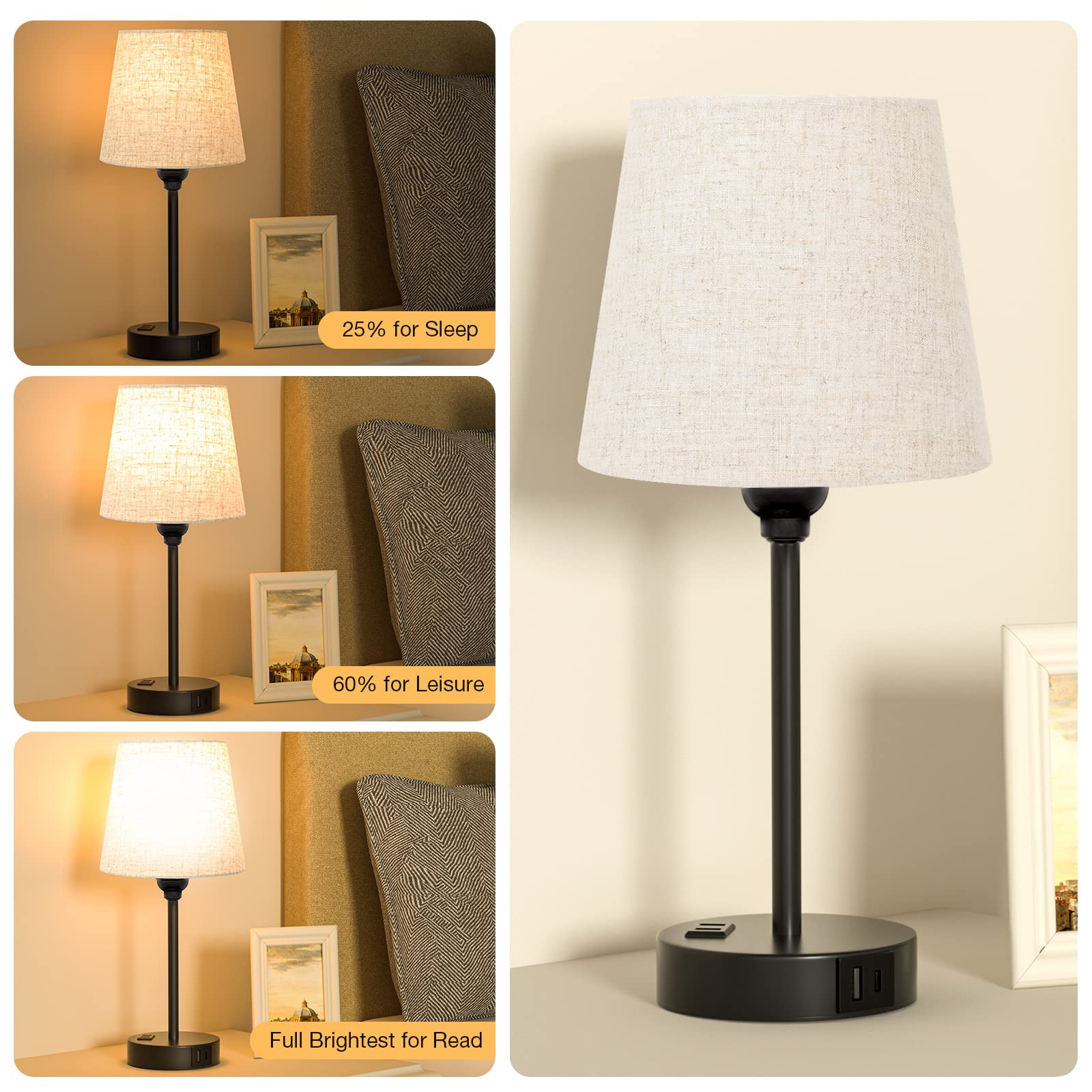 Acaxin Mini Bedside Lamps For Bedrooms Set Of 2 - Nightstand Bedroom Lamps With Usb C Port And Ac Outlet Charging, Dimmable Touch Small Bed Side Table Lamp, Black Night Stand Light For Kids/Guest Room