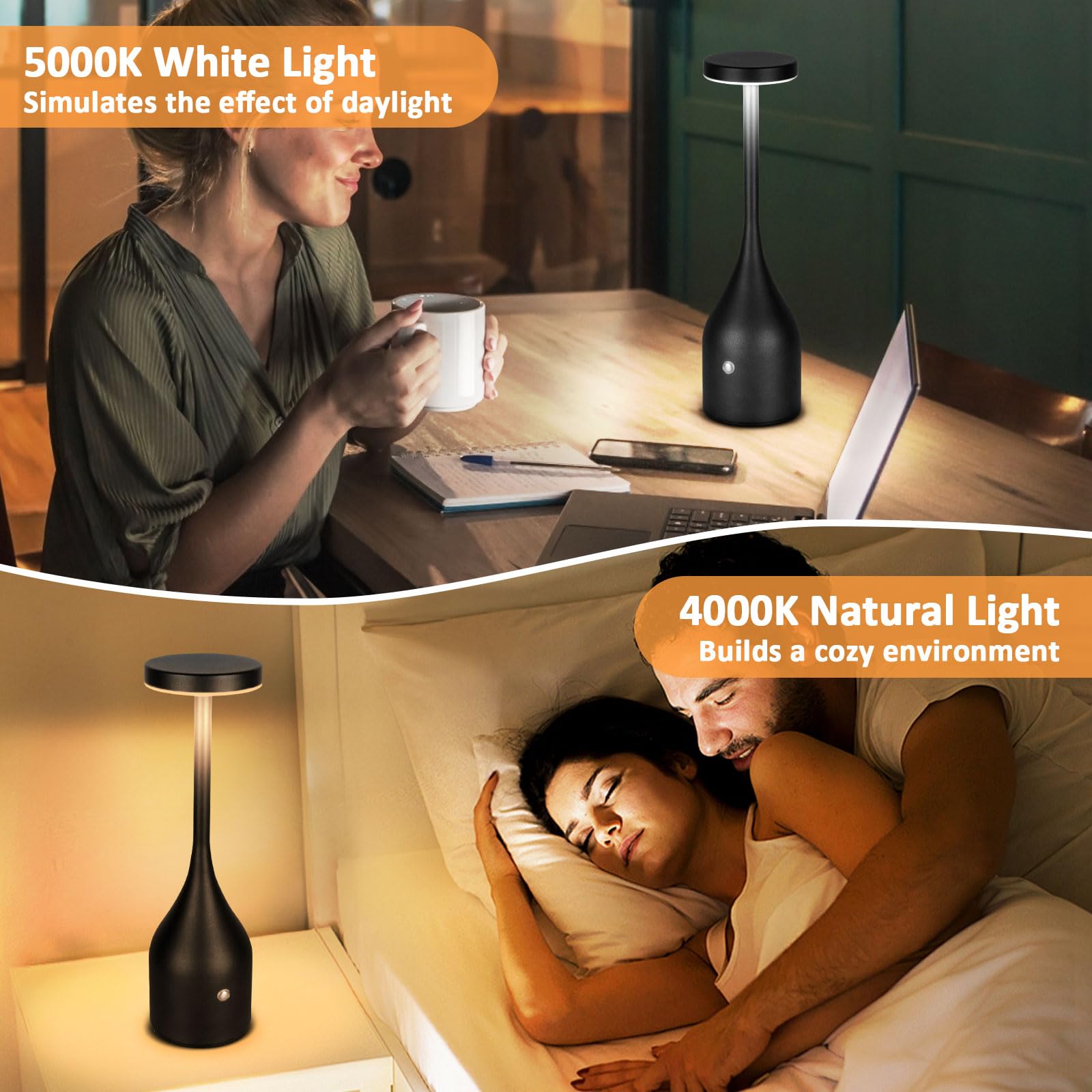 Fenfud Cordless Table Lamp Rechargeable - 5000Mah Battery Operated Led Table Light, Wireless Portable Table Light Waterproof For Outdoor Patio Restaurant Dining Dinner Home, Black 2 Pack
