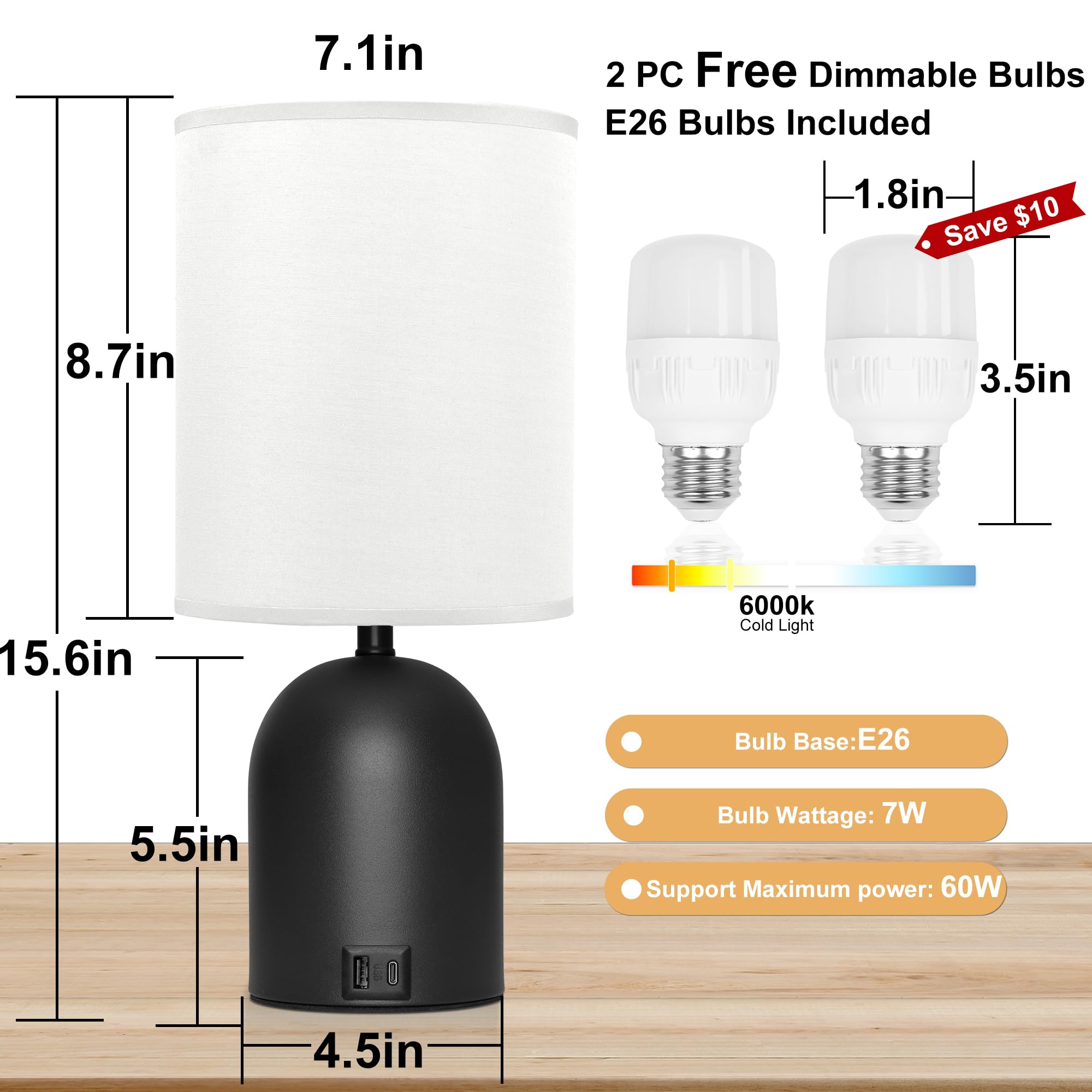 Fttoyoly Bedside Black Table Lamps Set Of 2 For Bedroom, 3 Way Dimmable Touch Nightstand Lamp With Usb C And A Ports Small Table Desk Lamp For Bedroom, Reading Room, Office, Dorm Black/White