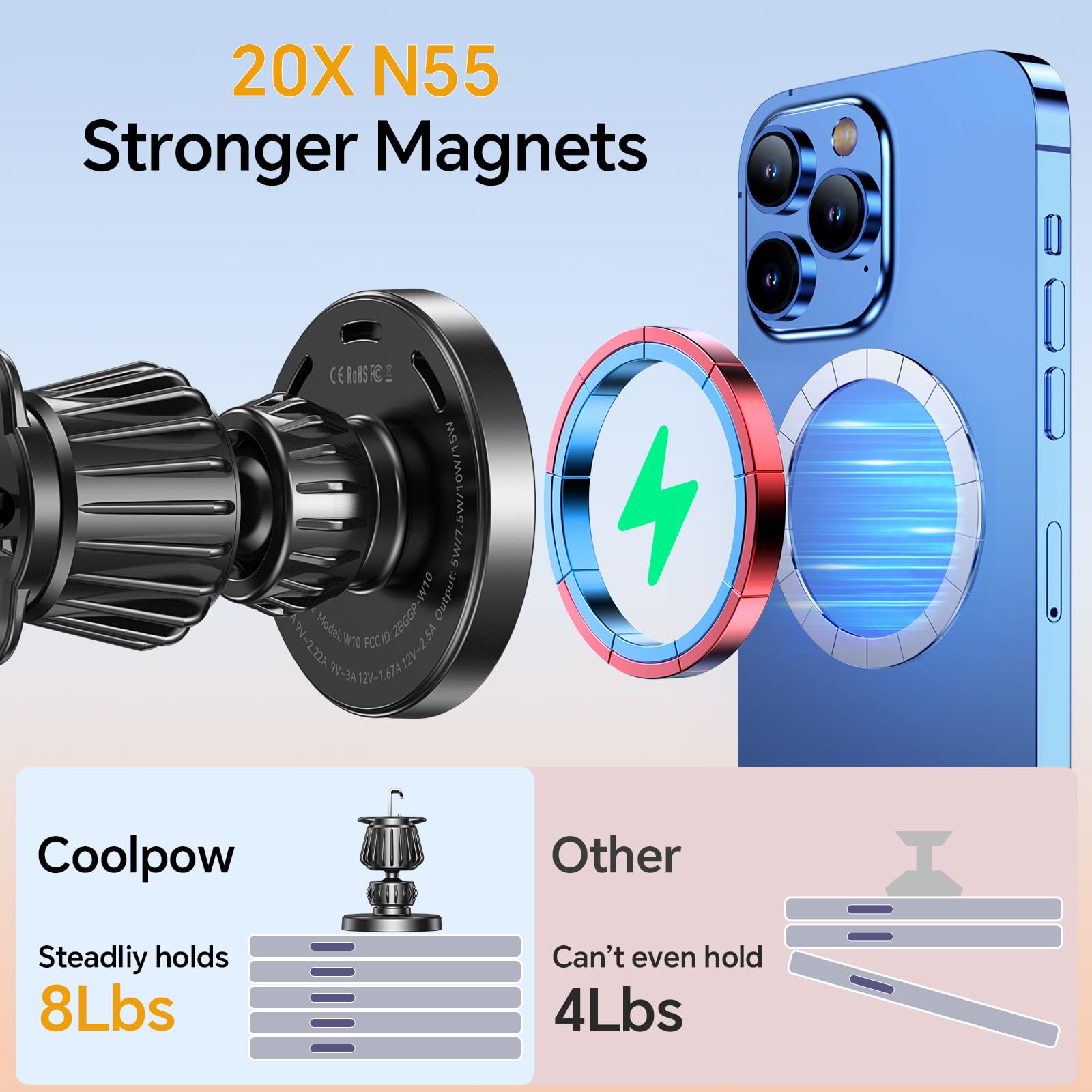 Coolpow For Magsafe Car Mount Charger【Ultra Magnet】Magnetic Phone Holders For Your Car Charger【Windshield+Vent+Dash】Magnetic Wireless Car Phone Holder Charger Car Mount For Iphone 16 Pro Max 15 14 13
