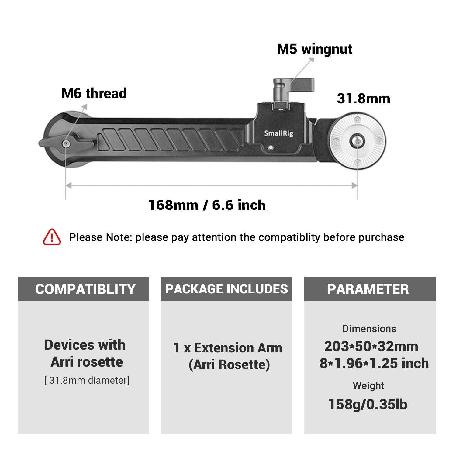 Smallrig Rosette Extension Arm Dogbone With Length Adjustable, M6 Rosette 31.8Mm - 1870