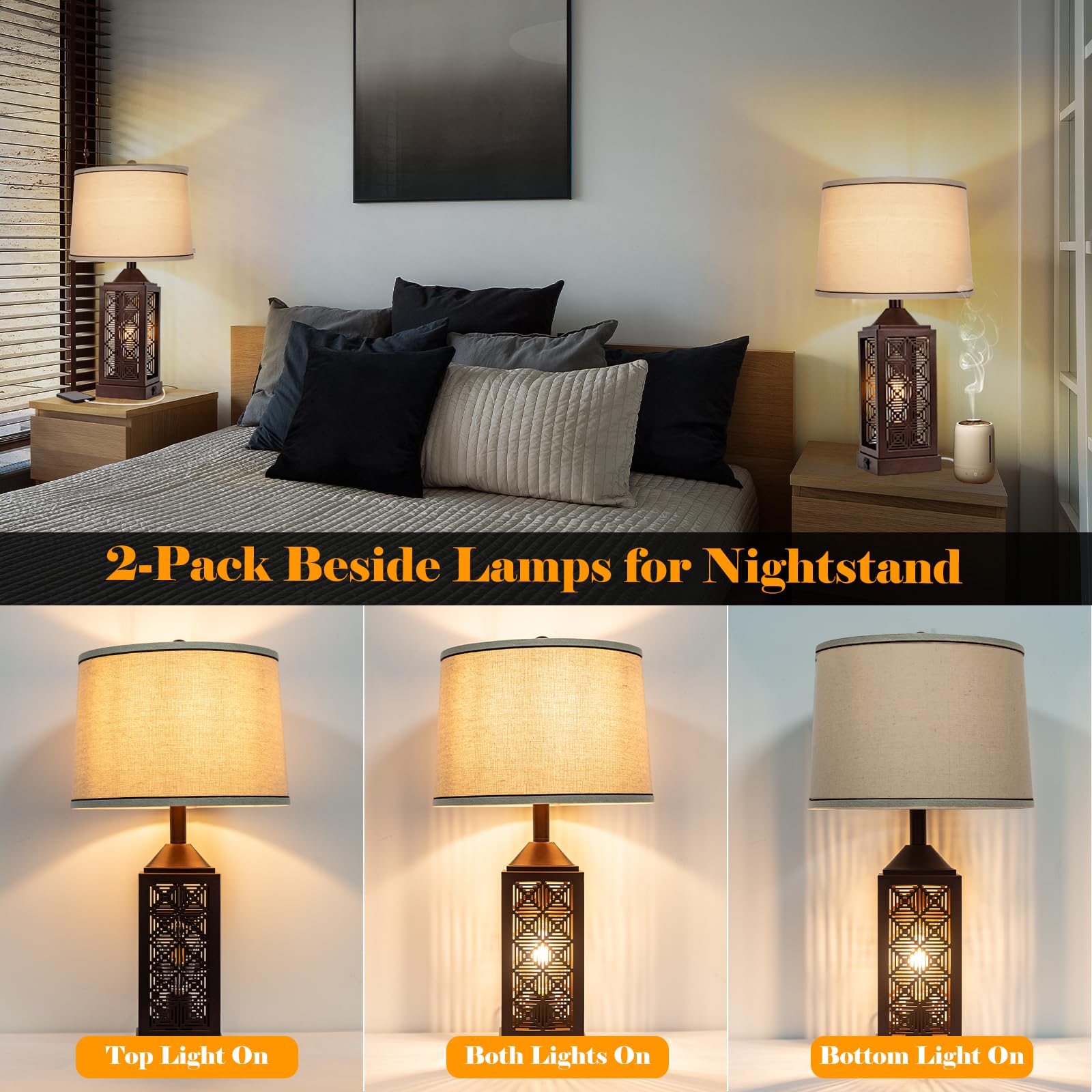 Roravilila Brown Bedroom Lamps With Dual Usb Ports Set Of 2, Farmhouse Living Room Table Lamps With Up&Down Lights For Bedside Night Stand, 25” Oil Rubbed Bronze