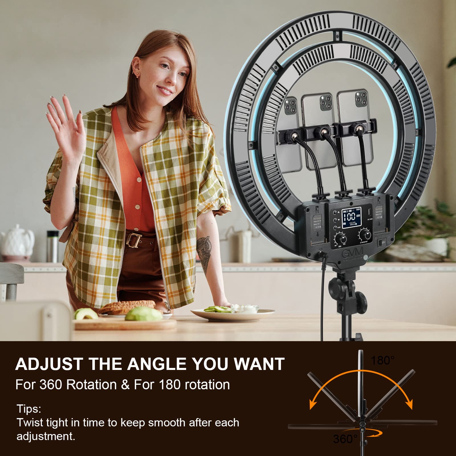 Gvm 18" Selfie Ring Light With 65" Adjustable Tripod Stand & Phone Holder, Remote App Program Control, 50W Double-Layer Led Rgb Camera Light Ring For Photography/Youtube/Live Broadcast/Makeup