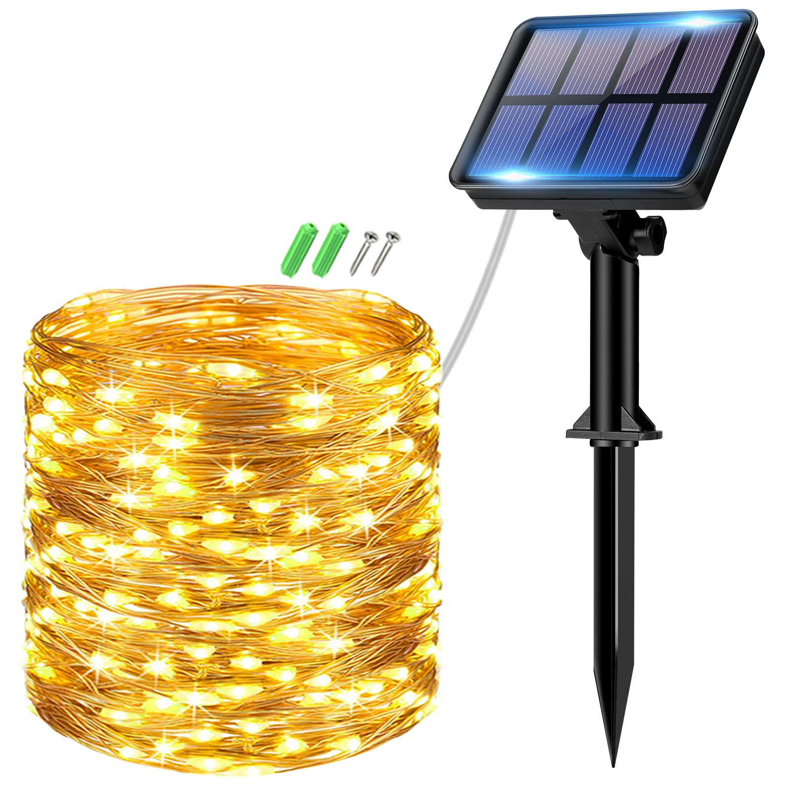 Btfarm Solar String Lights Outdoor Waterproof, 33Ft 100 Led Solar Fairy Lights, 8 Lighting Modes Solar Powered Twinkle Lights For Christmas Patio Yard Tree Garden Wedding Decor,Warm White