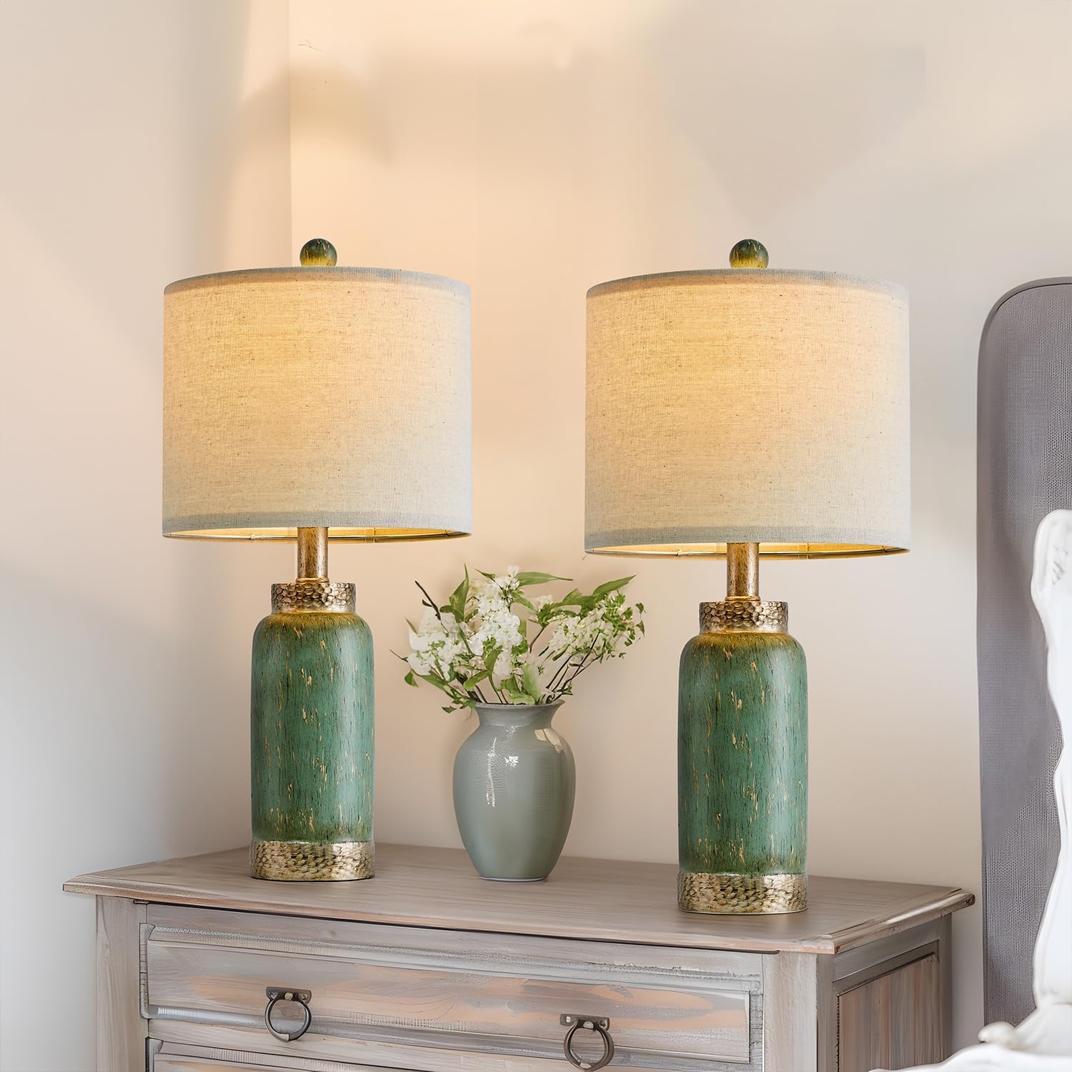 G-Safava 20.25" Table Lamps Set Of 2 Small Table Lamp For Bedroom Living Room Green Lamp Farmhouse Lamp Vintage Rustic Boho Bedside Lamps Mid Century Side Table Nightstand Lamp Home Office Retro Deco