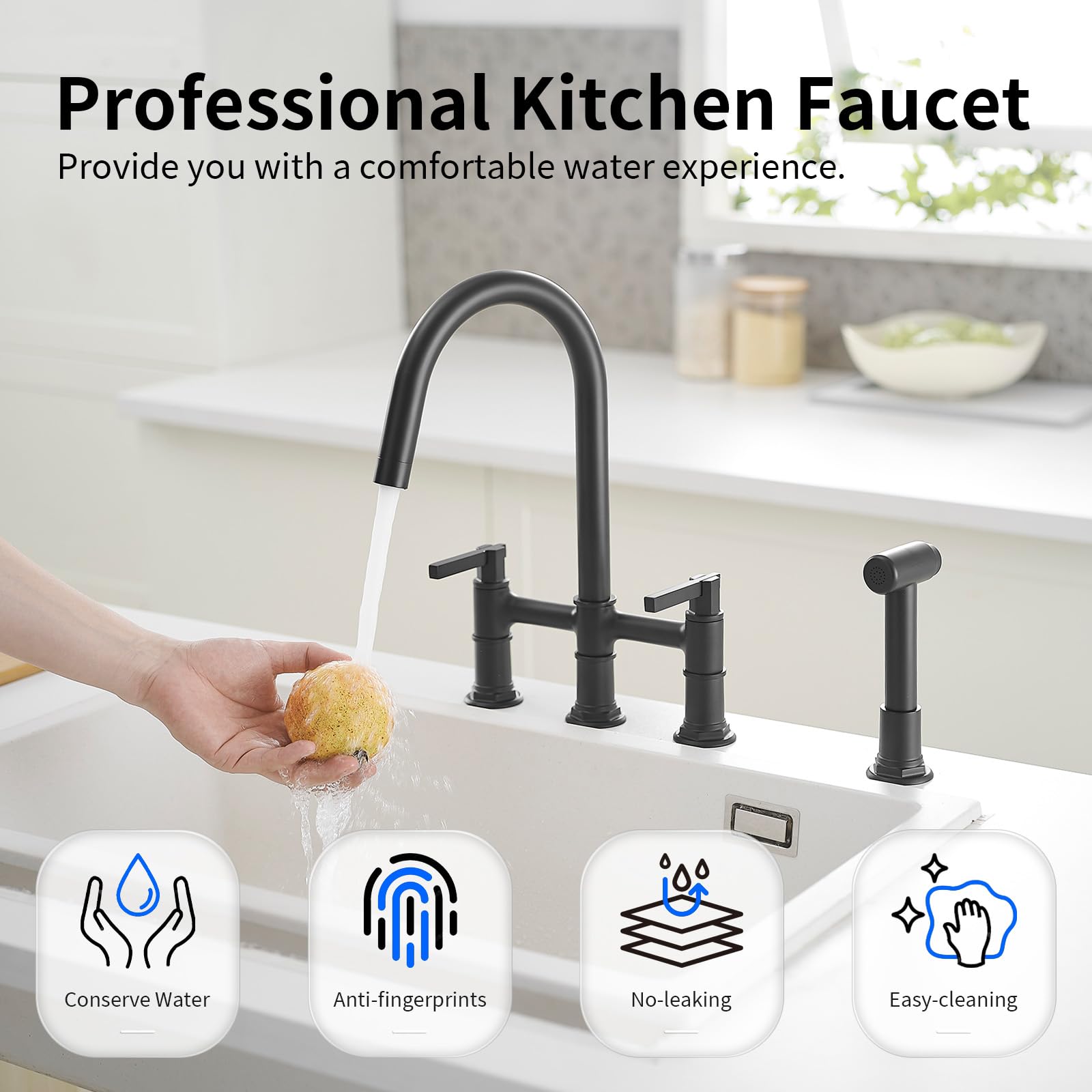 Bwe Brass Kitchen Faucet Bridge Kitchen Sink Faucet With Side Sprayer 2 Handles 4 Hole Farmhouse Kitchen Faucet Deck Mount Matte Black