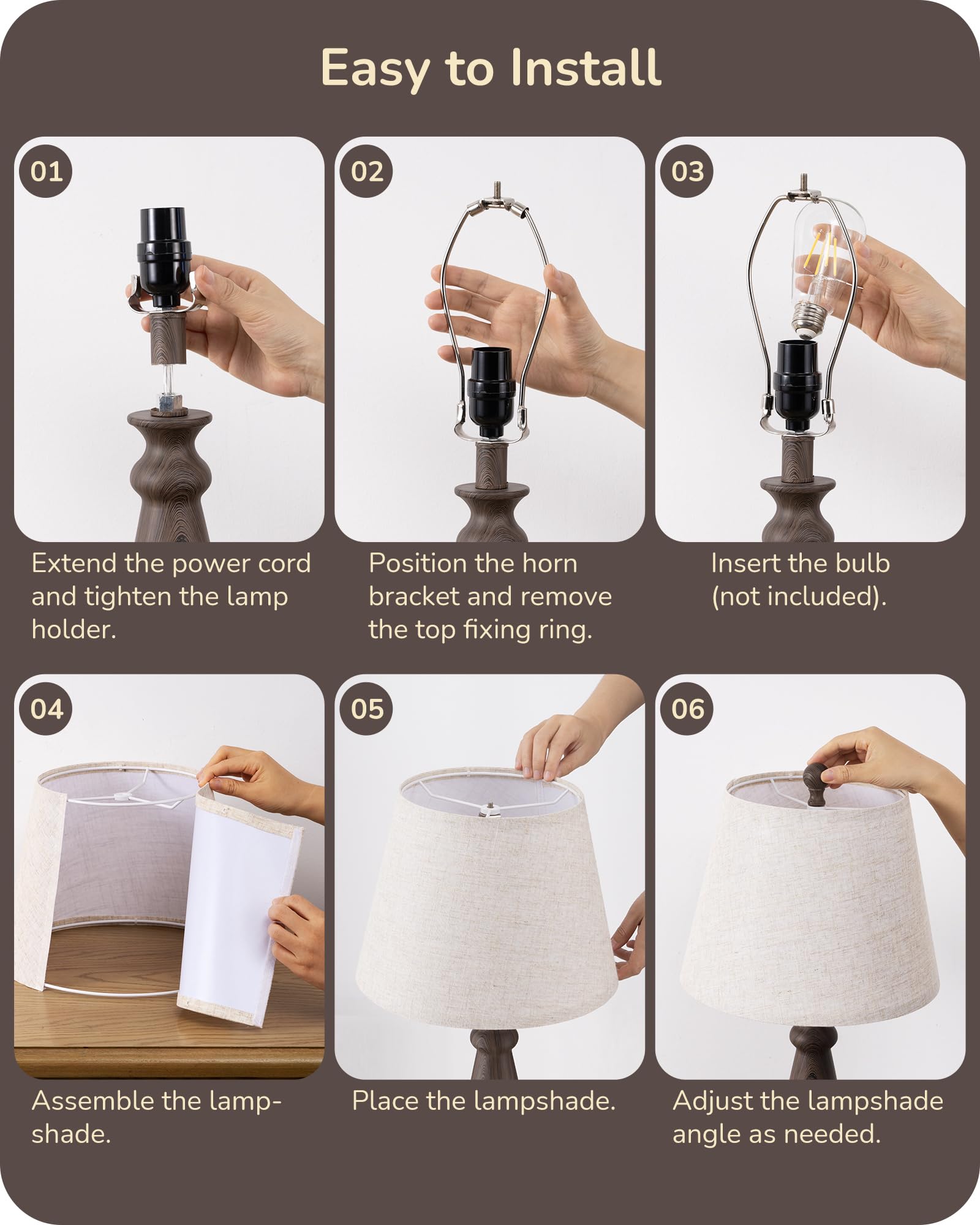 Edishine 21.85" Farmhouse Table Lamp, Rustic Bedside Lamp, Water Transfer Walnut Wood Grain Metal Base, Beige Linen Shade, Minimalist Nightstand Lamp For Living Room, Bedroom, Office, E26 Base