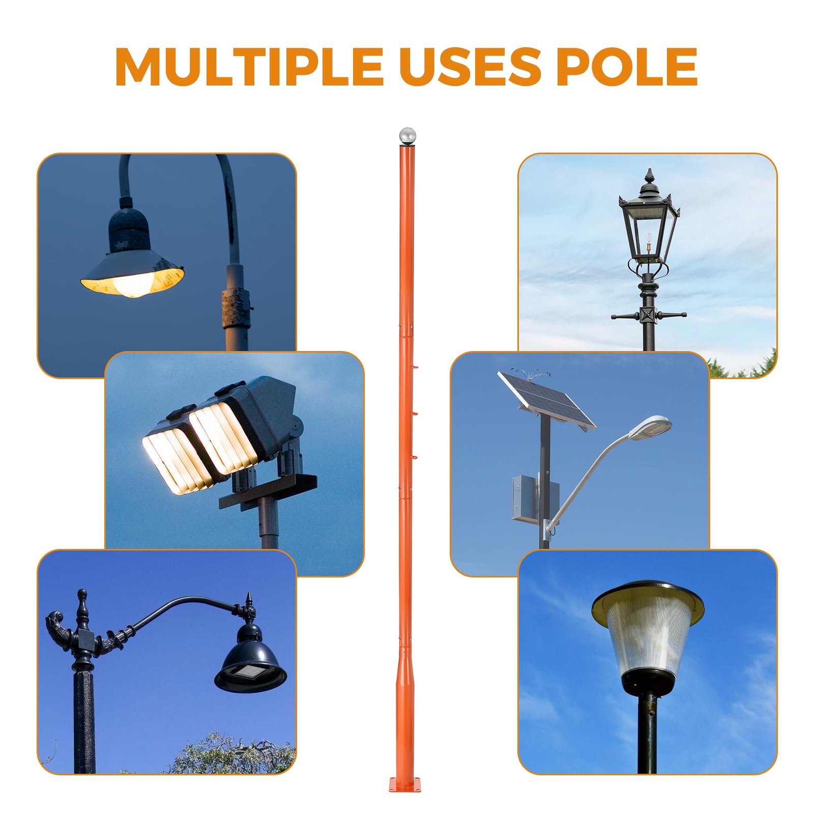 Beamnova 13Ft Street Light Pole Shade Sail Pole Street Lamp Post For Outdoor Lights Solar Street Light String Lights Accessory For Backyard, Street, Patio, Park, Galvanized Steel Metal Pole, Orange
