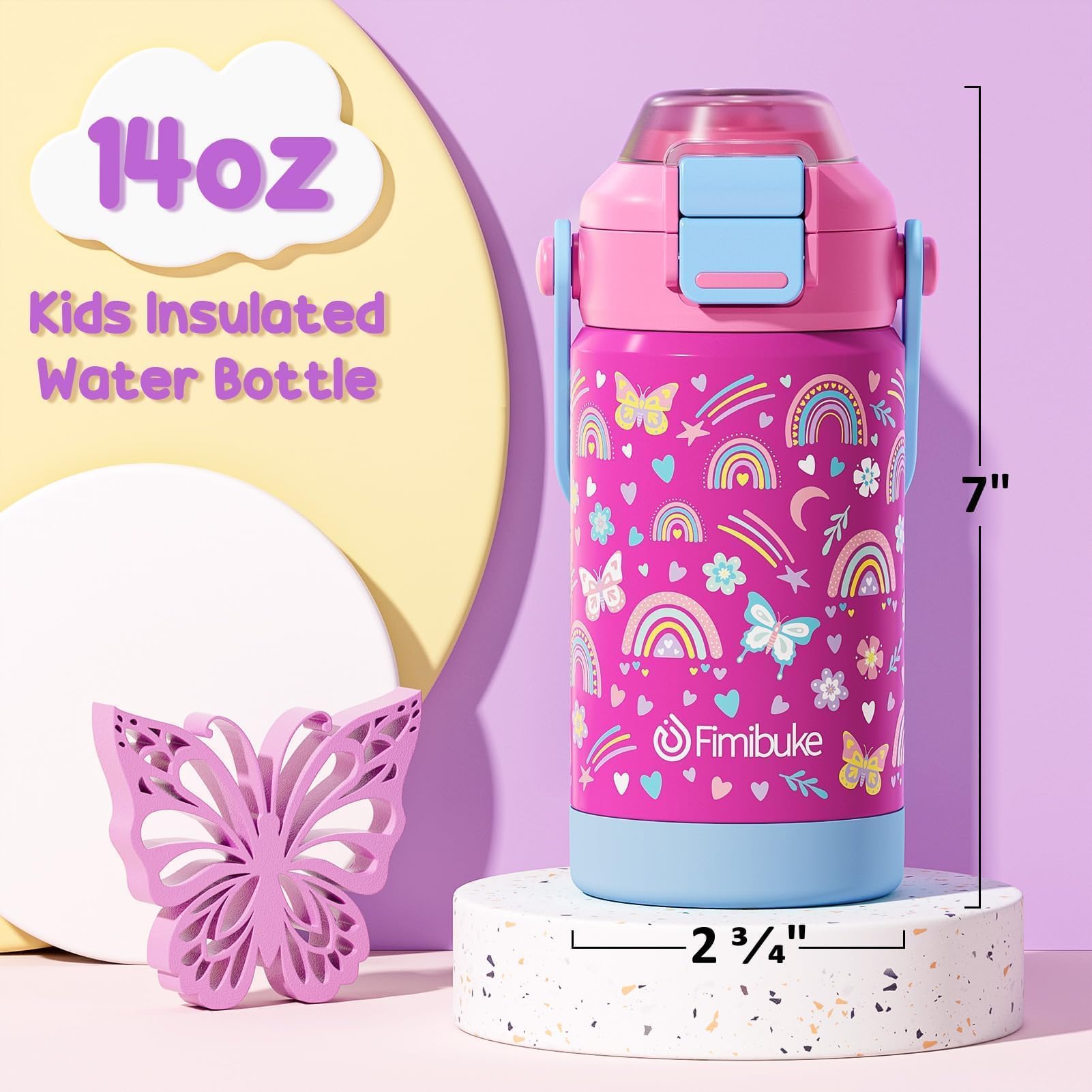 Fimibuke Kids Insulated Water Bottle With Pop-Open Straw & Spout 2-In-1 Lid, 14Oz Leak Proof 18/8
