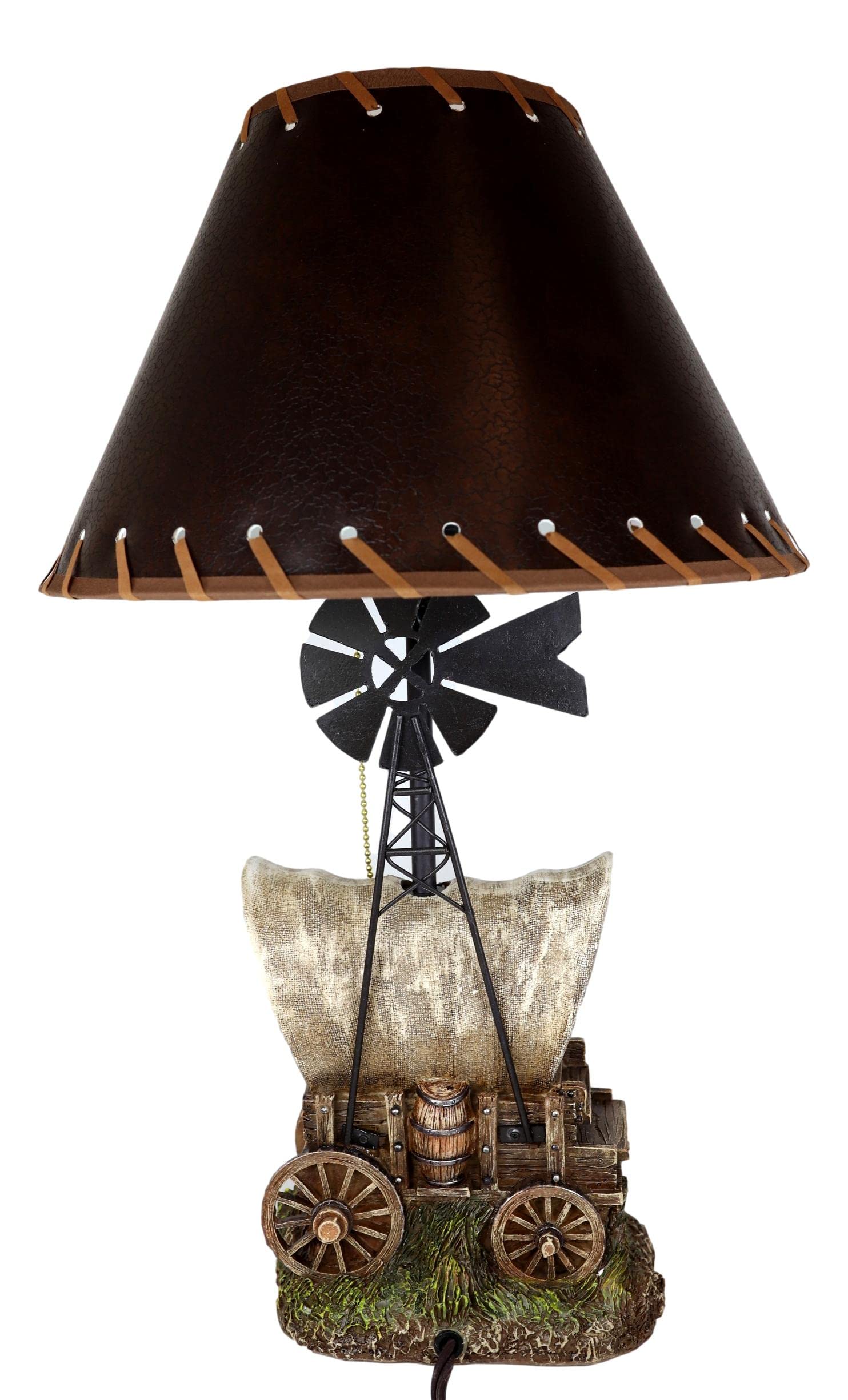 Ebros Gift Country Western Rustic Old Fashioned Covered Cargo Carriage Wagon Train With Farm Windmill Hand Painted Resin Desktop Table Lamp With Brown Faux Leather Laced Shade Home Decor Accent