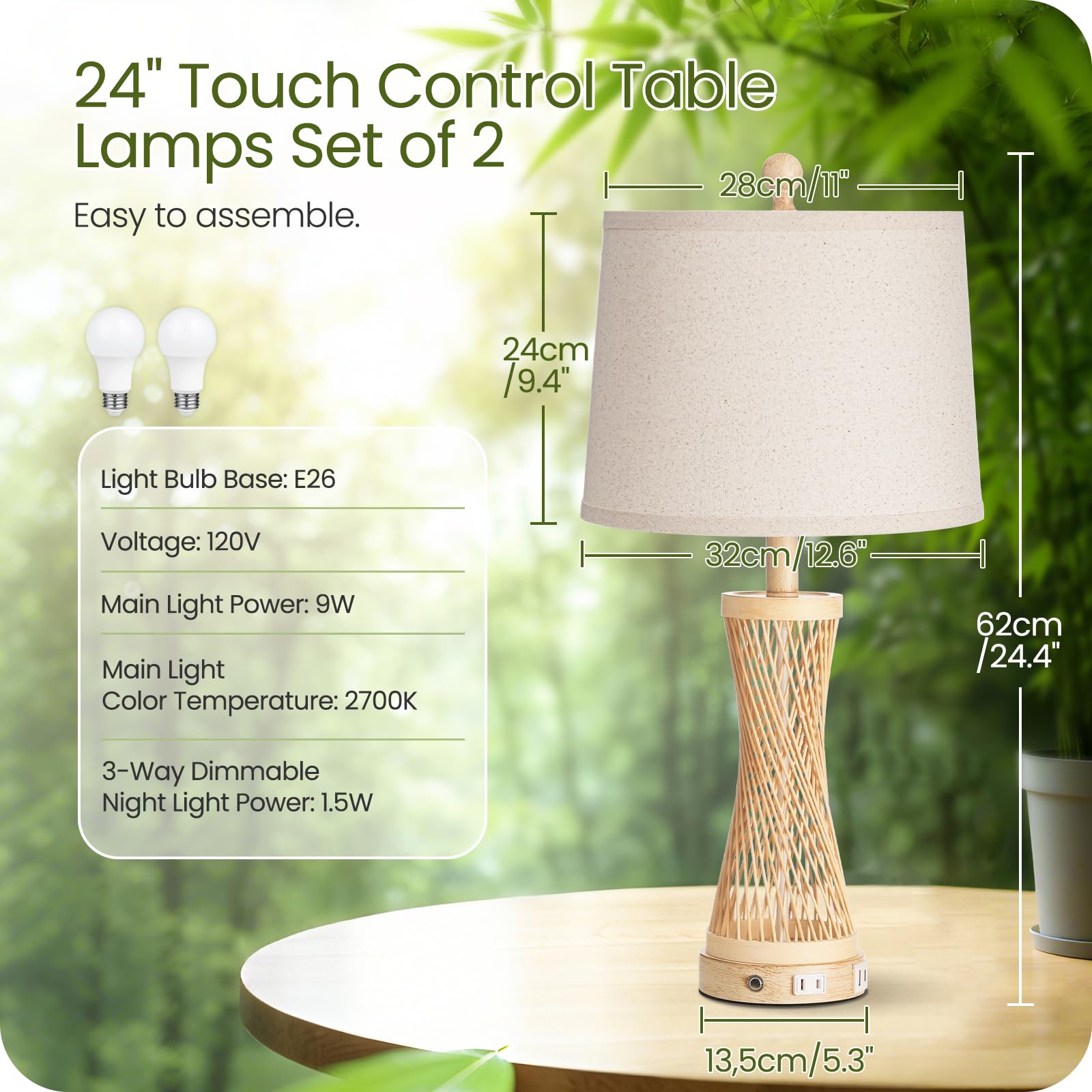 Goebleson 24.4” Farmhouse Rattan Table Lamp, Touch Bedside Lamp For Bedroom With 3-Way Dimmable Night Light, Usb A+C Charging Ports, Bamboo Boho Nightstand Lamp With Cream Linen Shade (Bulbs Included)