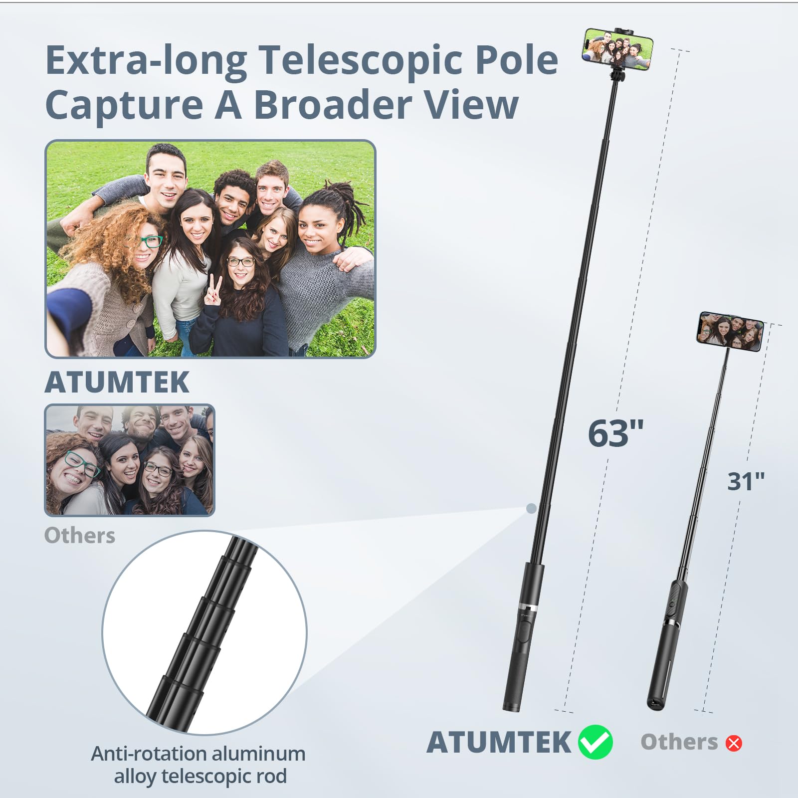 Atumtek 63" Phone Tripod, Extendable Selfie Stick Tripod With Bluetooth Remote, All-In-One Aluminum Phone Tripod Stand With Cold Shoe Mount For Gopro, 4"-7" Iphone And Android Smartphones Black