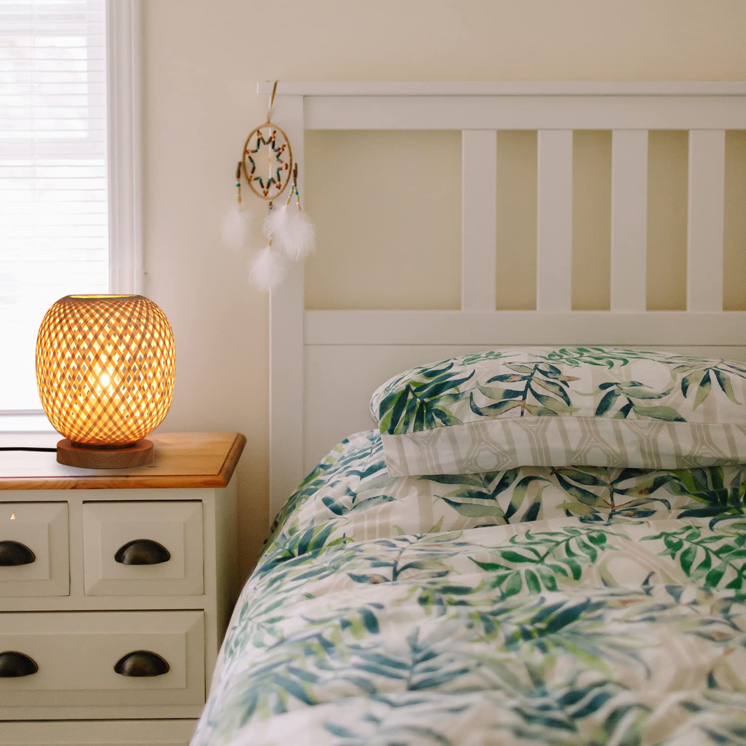 Capslpad Dimmable Rattan Table Lamp - Bamboo Woven Handmade Boho Beside Light, Small Wicker Desktop Nightstand Accent For Kids Living Room, Bedroom, Dorm Decor