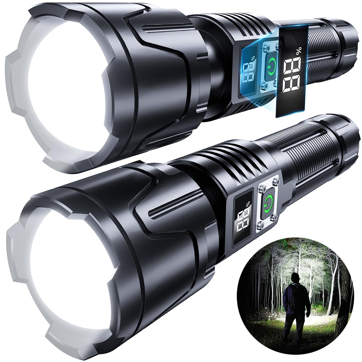 Poho Rechargeable Flashlights High Lumens - 900000Lm Super Bright Flashlight - Led Flashlight With Lcd Display, Zoomable, Waterproof, Handheld Flashlights For Emergencies, Camping - 2 Pack, Medium