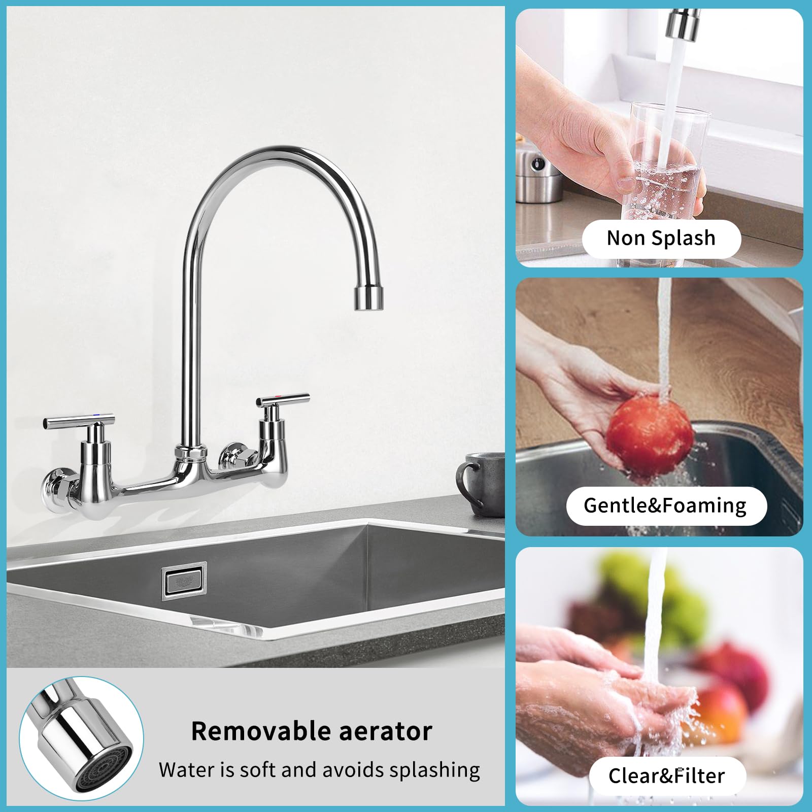 Tnroted Wall Mount Kitchen Faucet With 8" Gooseneck Swivel Spout, 8 Inch Center Commercial Kitchen Sink Faucet 2 Handle Wall Mount Utility Sink Faucet For Kitchen Restaurant Compartment Sink