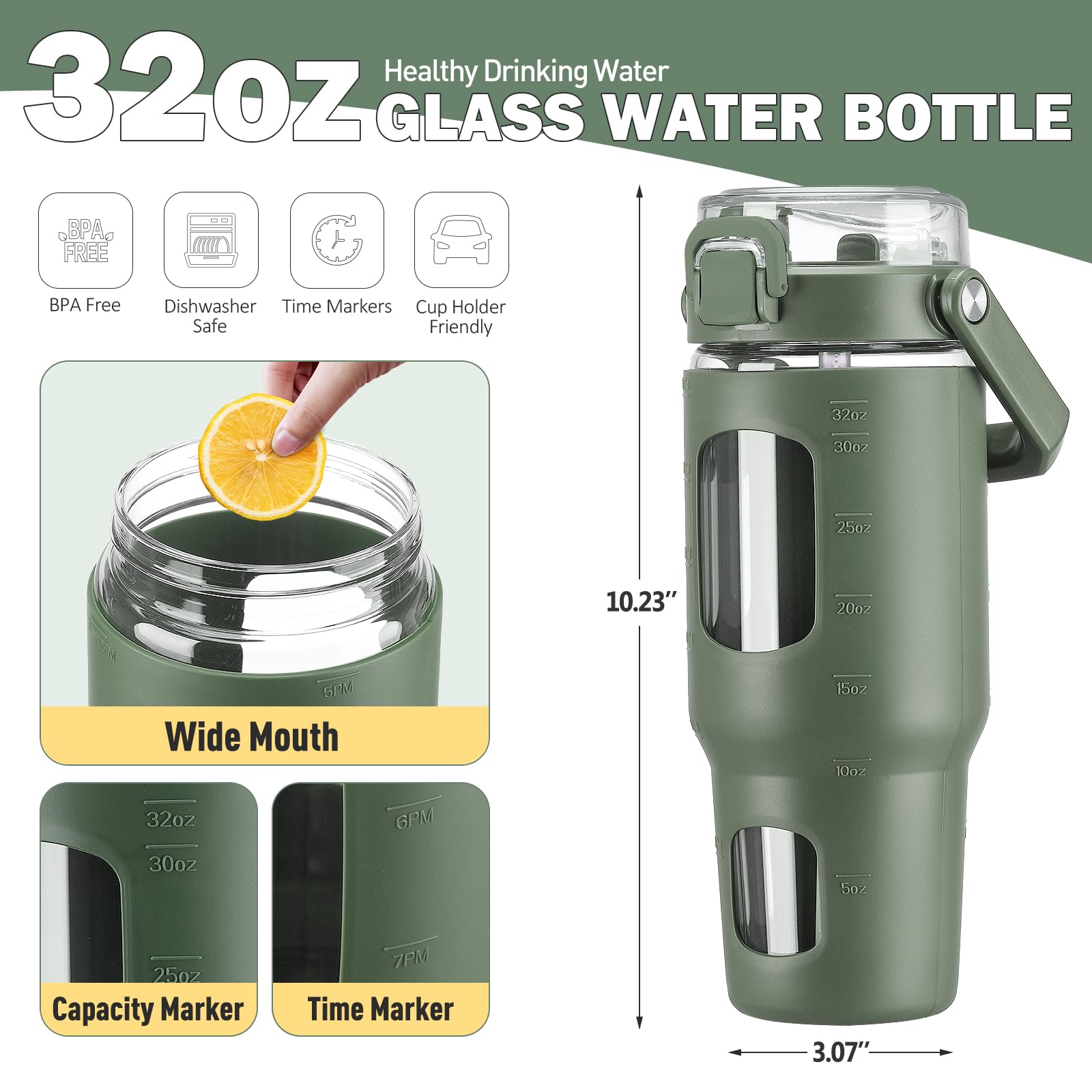 Bluego 32Oz Glass Water Bottle With Handle And StrawLeakproof Sports Glass Bottle With Time Marker