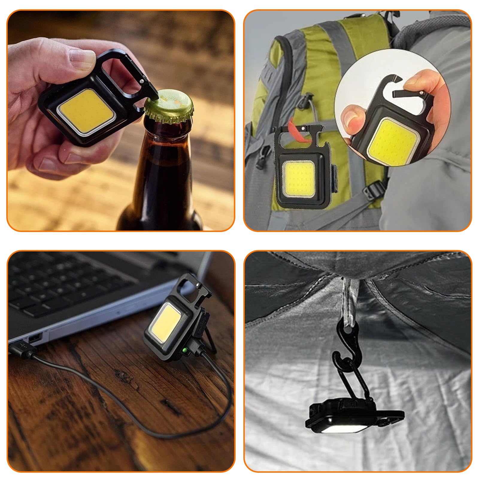 Goioj 2Pcs 6 In 1 Cob Keychain Mini Work Light Flashlight Multifunction Portable Pocket 500 Lumens Flashlight With Electric Lighter, Seat Belt Cutter, Screwdriver, Whistle (Orange)