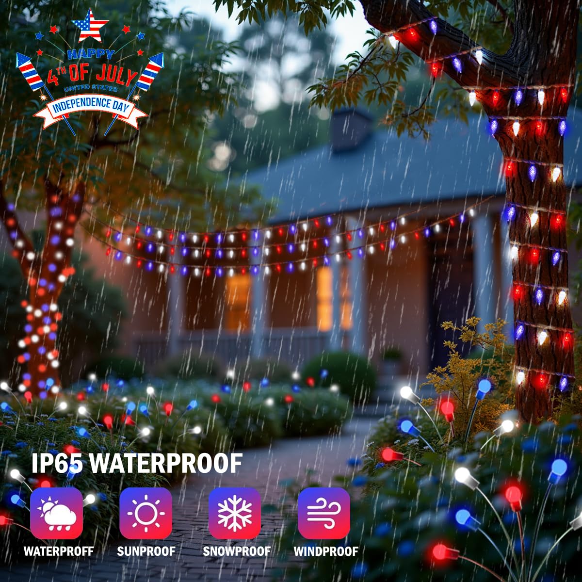 Smatols Solar July 4Th Day String Lights, 50 Led 8 Modes C6 Red White And Blue String Lights Waterproof Rechargeable Outdoor Garden Fairy Lights For Independence Day Party Patio Decorations