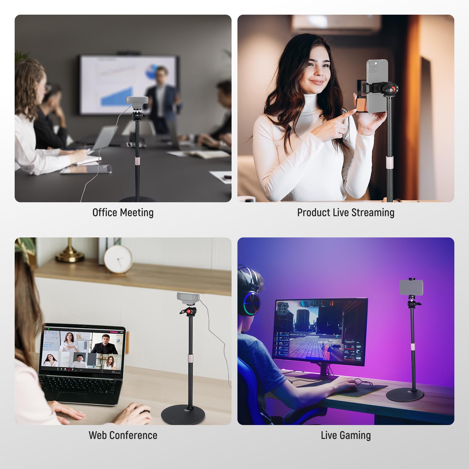 Otrest Webcam Stand For Desk W/Phone Mount, 360° Ballhead, 1/4" Thread Compatible With Logitech Brio C920, Height Adjustable Heavy Base Desktop Webcam Holder For Tiktok/Youtube Live Stream, Ds012