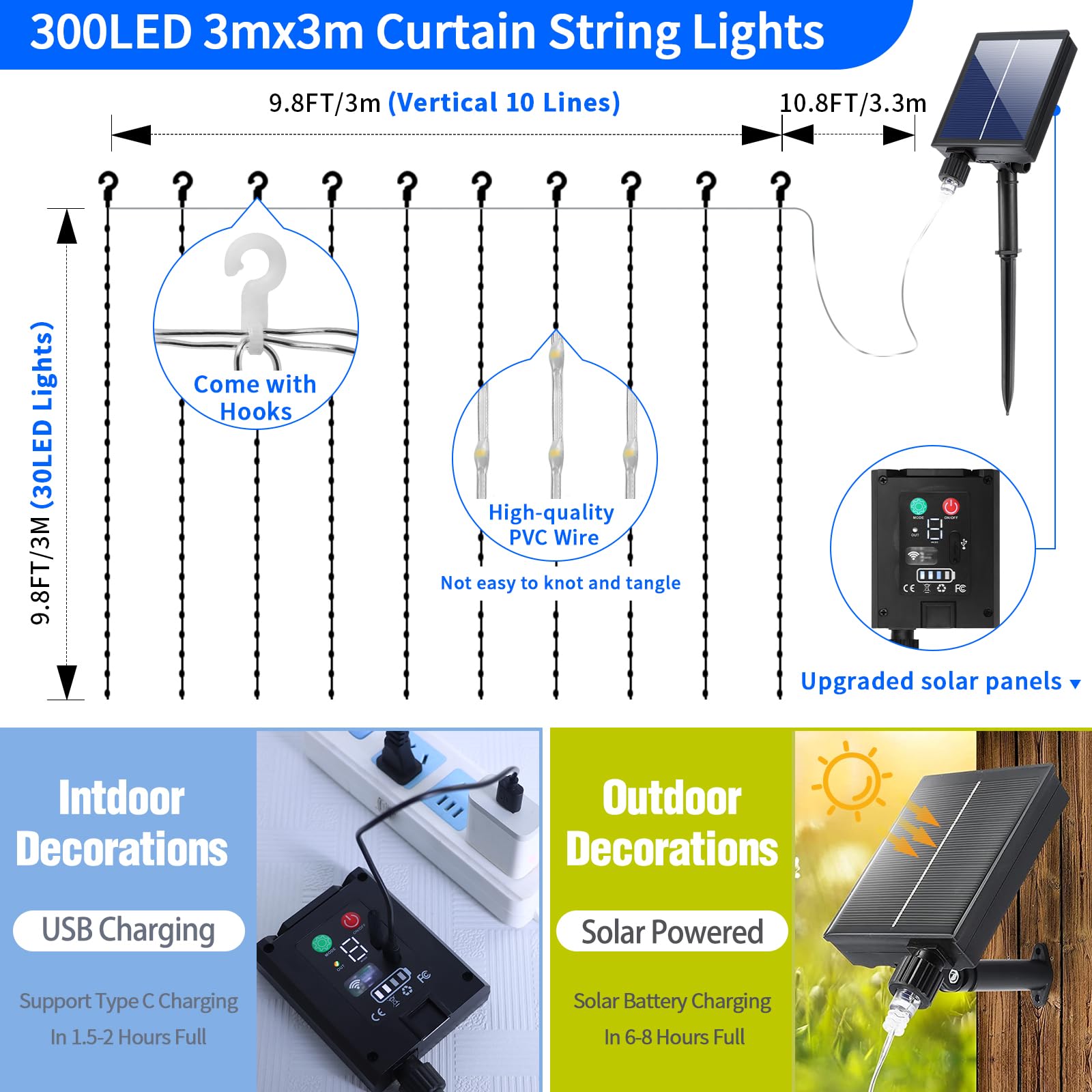 Qlirjad Solar Curtain Lights 1010Ft 300Led Waterproof Waterfall Light With 8 Modes Remote Type C Charging Dimmable Timer Twinkle Fairy String Lights For Outdoor Christmas Gazebo Wedding Party Pergola Patio
