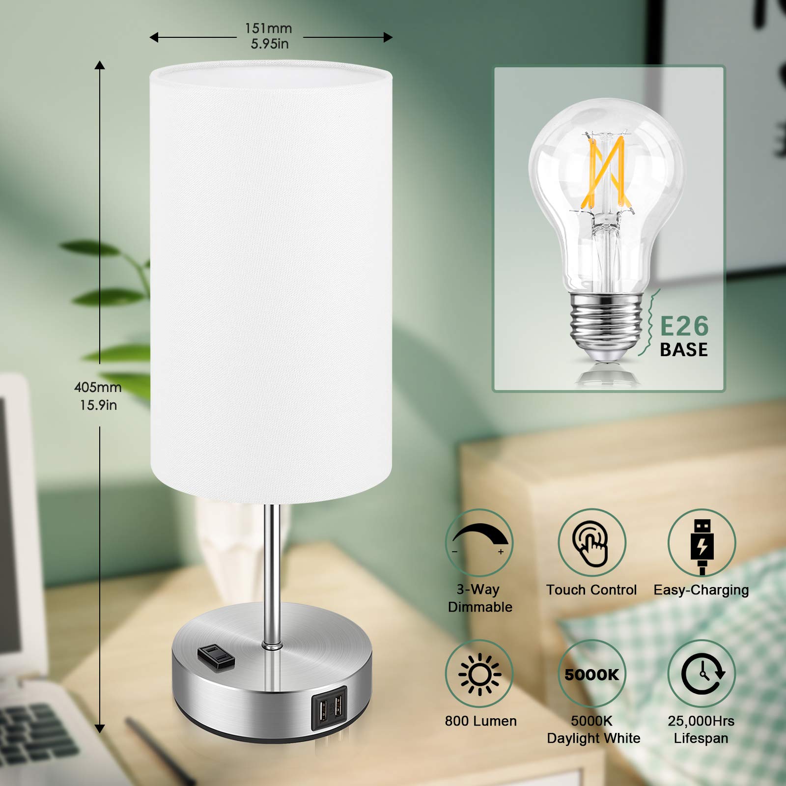 Brightever Set Of 2 Touch Control Table Lamps With 2 Usb Charging Ports&Ac Outlet, 3-Way Dimmable Bedside Nightstand Lamps With White Fabric Lampshade For Reading, Bedroom, Living Room, A19 Led Bulbs Included