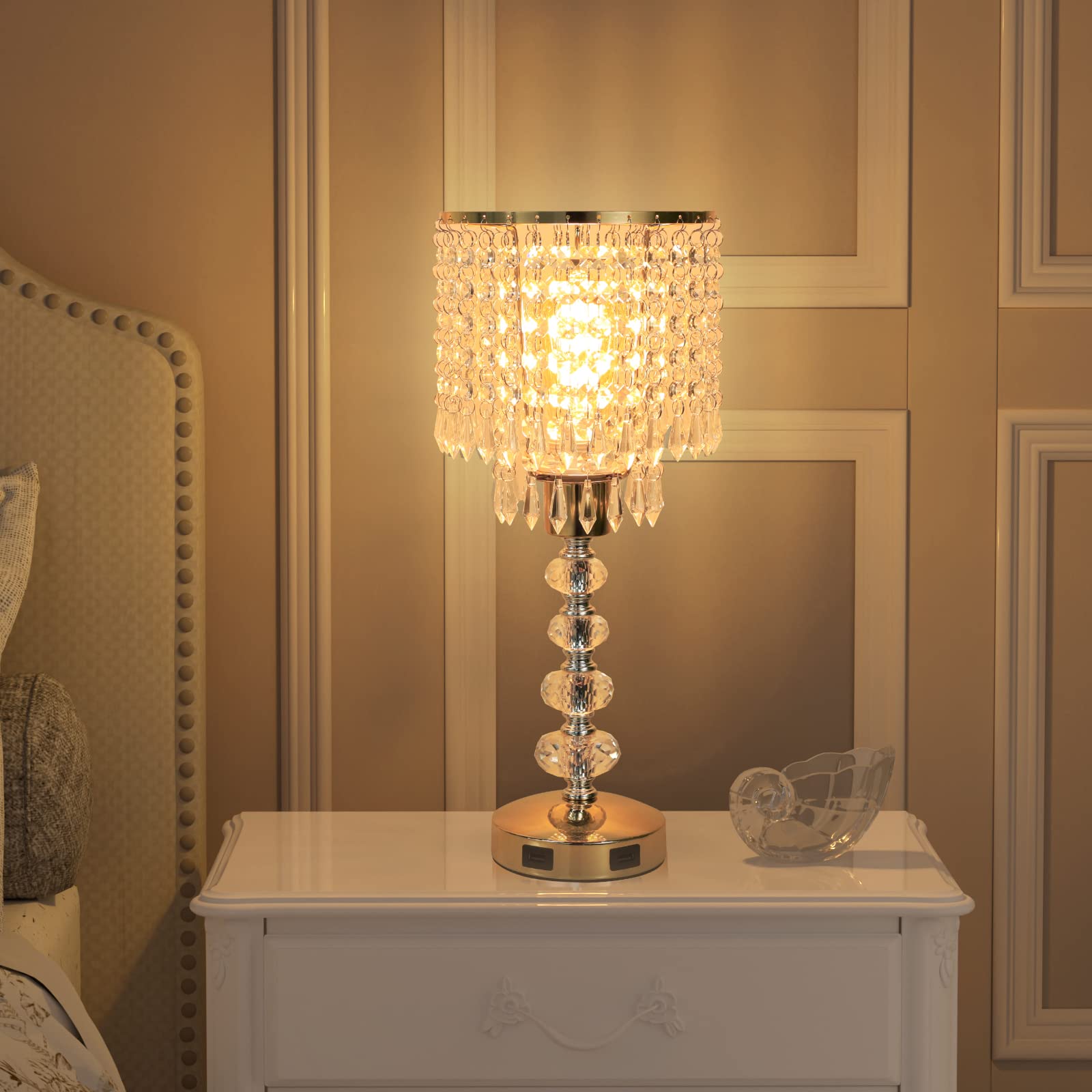 Acaxin Crystal Table Bedside Lamp Touch Control, 3-Way Dimmable Small Nightstand Lamp With 2 Usb Charging Ports, Decorative Gold Tabletop Lamp For Bedroom, Living Room And Guest Room