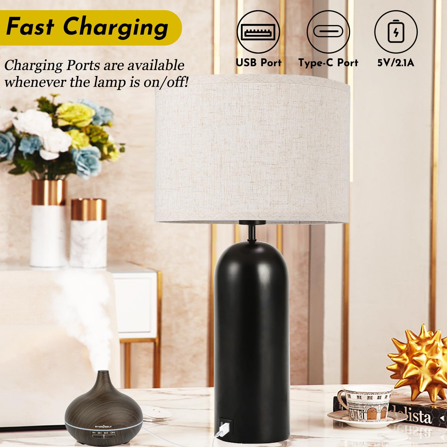 Momyofdy Table Lamps Set Of 2 Touch Control Black&Cream Table Lamps 3-Way Dimmable Lamps With Usb A+C Ports Modern End Table Lamps For Living Room Tall Bedside Nightstand Lamps For Bedroom 22Inch