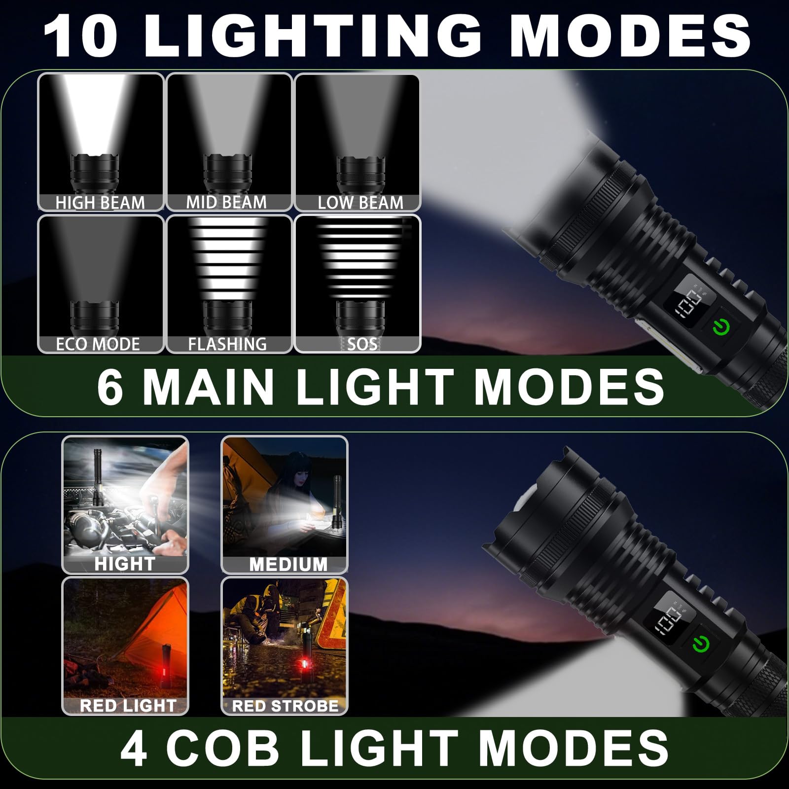 Kzk Rechargeable Led Flashlights High Lumens,990000 Lumens Super Bright Flashlight, With Cob Work Light & 10 Modes, Ipx67 Waterproof Handheld Flashlight, For Camping Emergencies Hiking Night Work