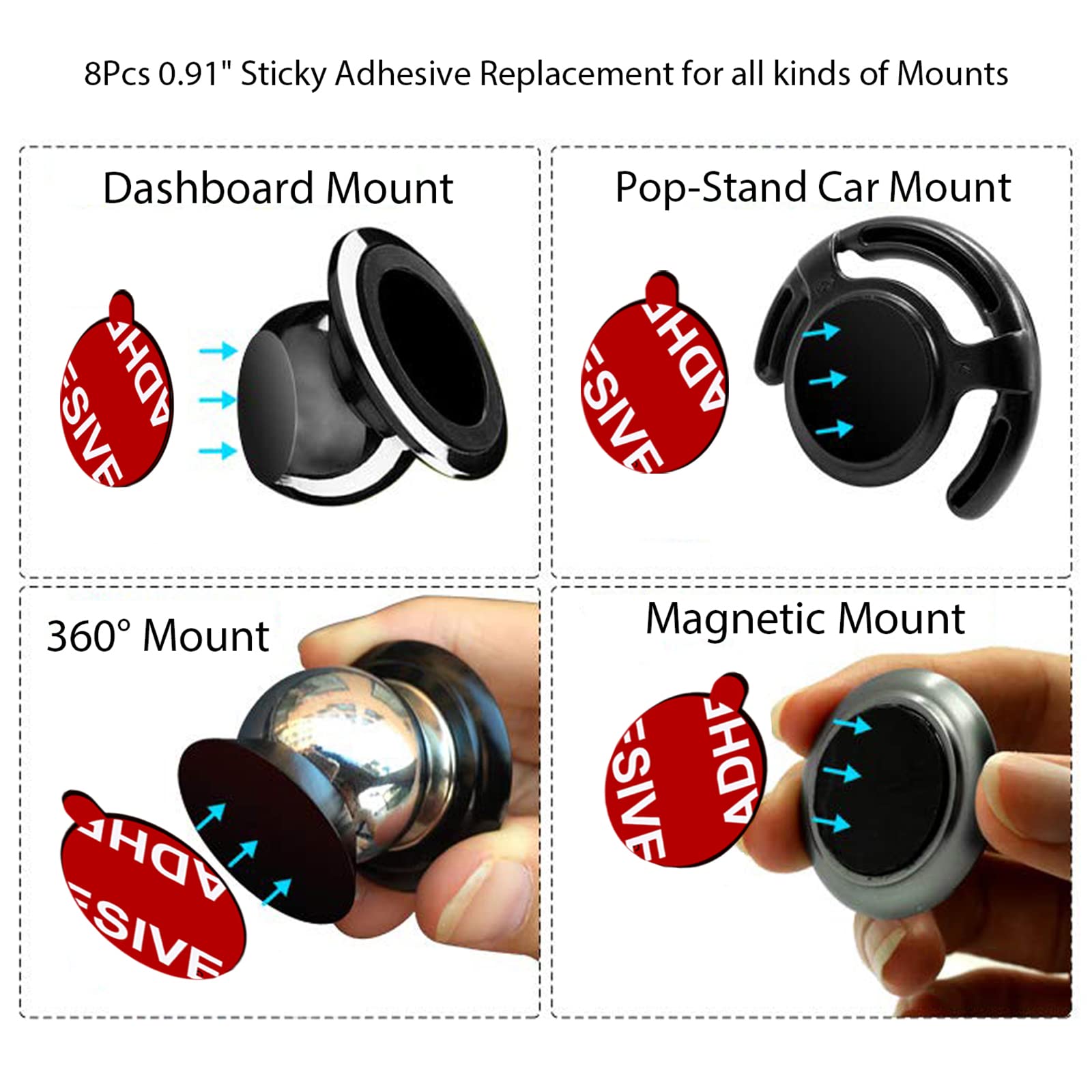 Pkyaa 8 Pack Sticky Adhesive Compatible With Socket Mount Base, Double-Sided Replacement Tape For Car Magnetic Phone Holder, 4 Pack Sticker Pads For Collapsible Grip & Stand Base