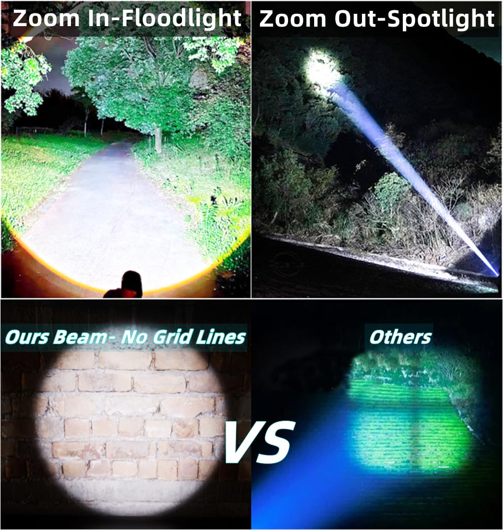 Annteneo Rechargeable Flashlights 10000 High Lumens, Super Bright Small Spotlight Led Flash Light Long Throw Pocket Utility Flashlight Zoomable Waterproof For Camping, Home, Walking Dog(Battery Included)