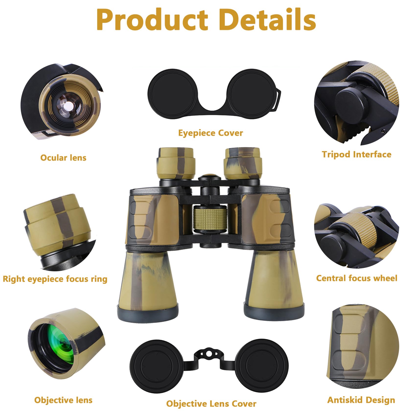 Hanklenss Binoculars 20X50 - Professional High Magnification Hd Compact Binoculars For Bird Watching, Hunting, And Outdoor Activities - Low Light Night Vision, Bak-4 Prism - Portable, Durable, Easy (Desert)