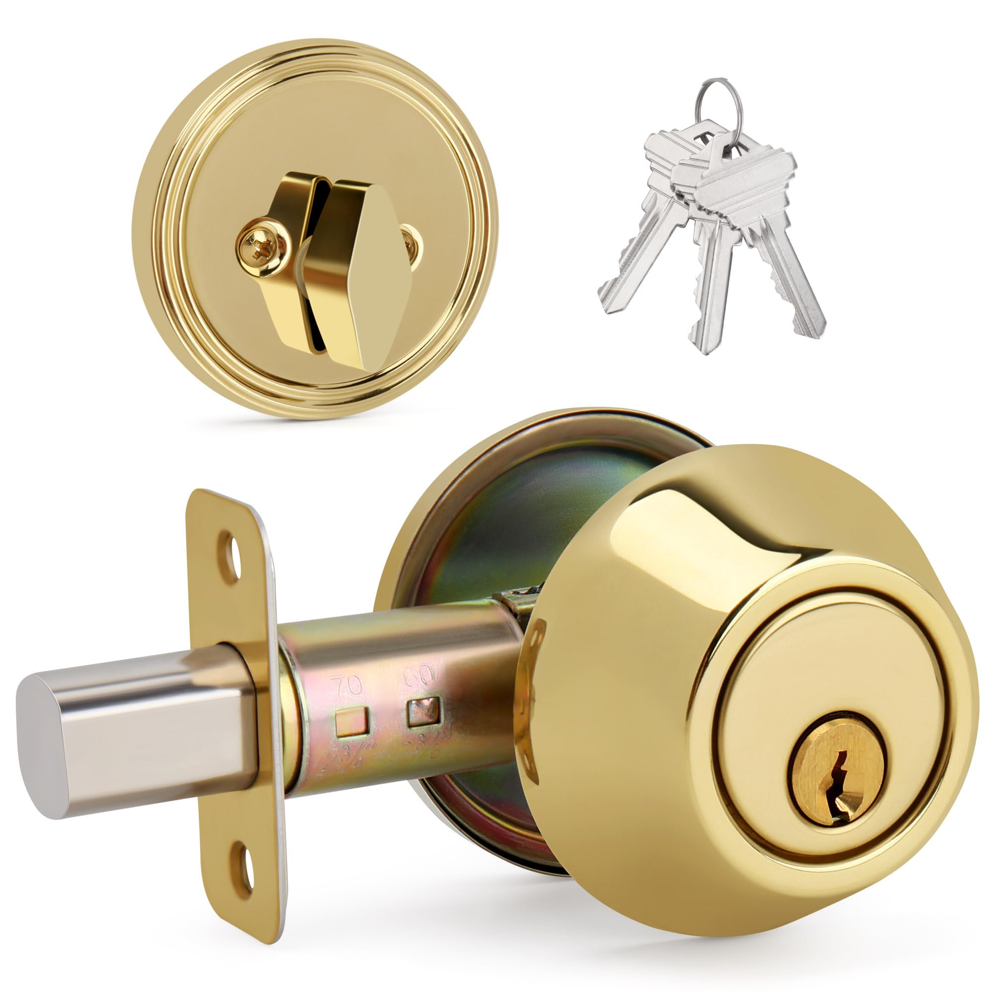 Loqron Round Design Single Cylinder Deadbolt With Keys, Exterior Keyed Dead Bolt Lock For Front Entrance Door Security, Polished Brass