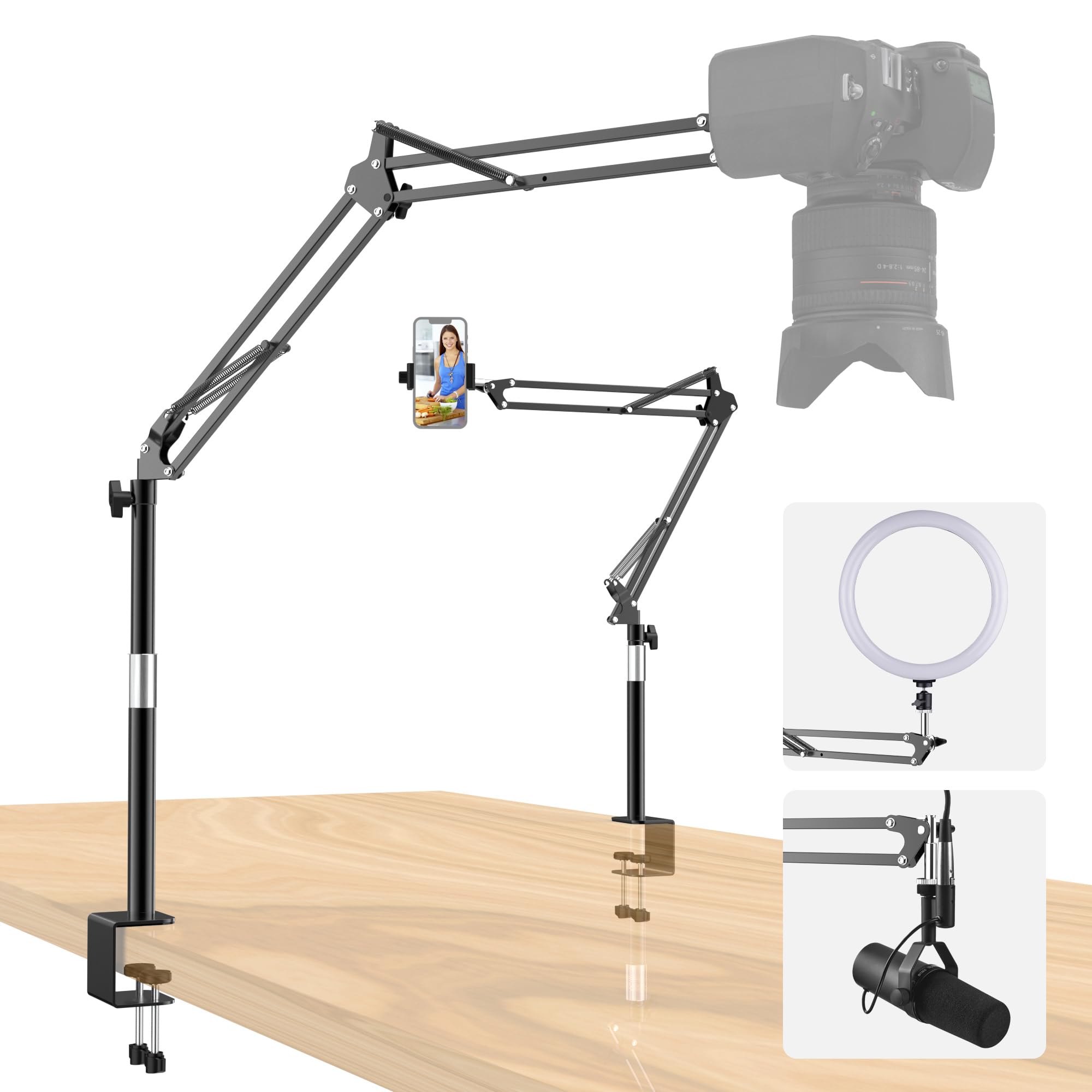 Taisioner Overhead Camera Mount Desk Stand,Thick Desktop Clip,Scalable Desktop Pole,Locking Function,Adjustable Flexible Camera Arm,Tabletop Mount For Dslr Camera/Webcam/Microphone/Lights