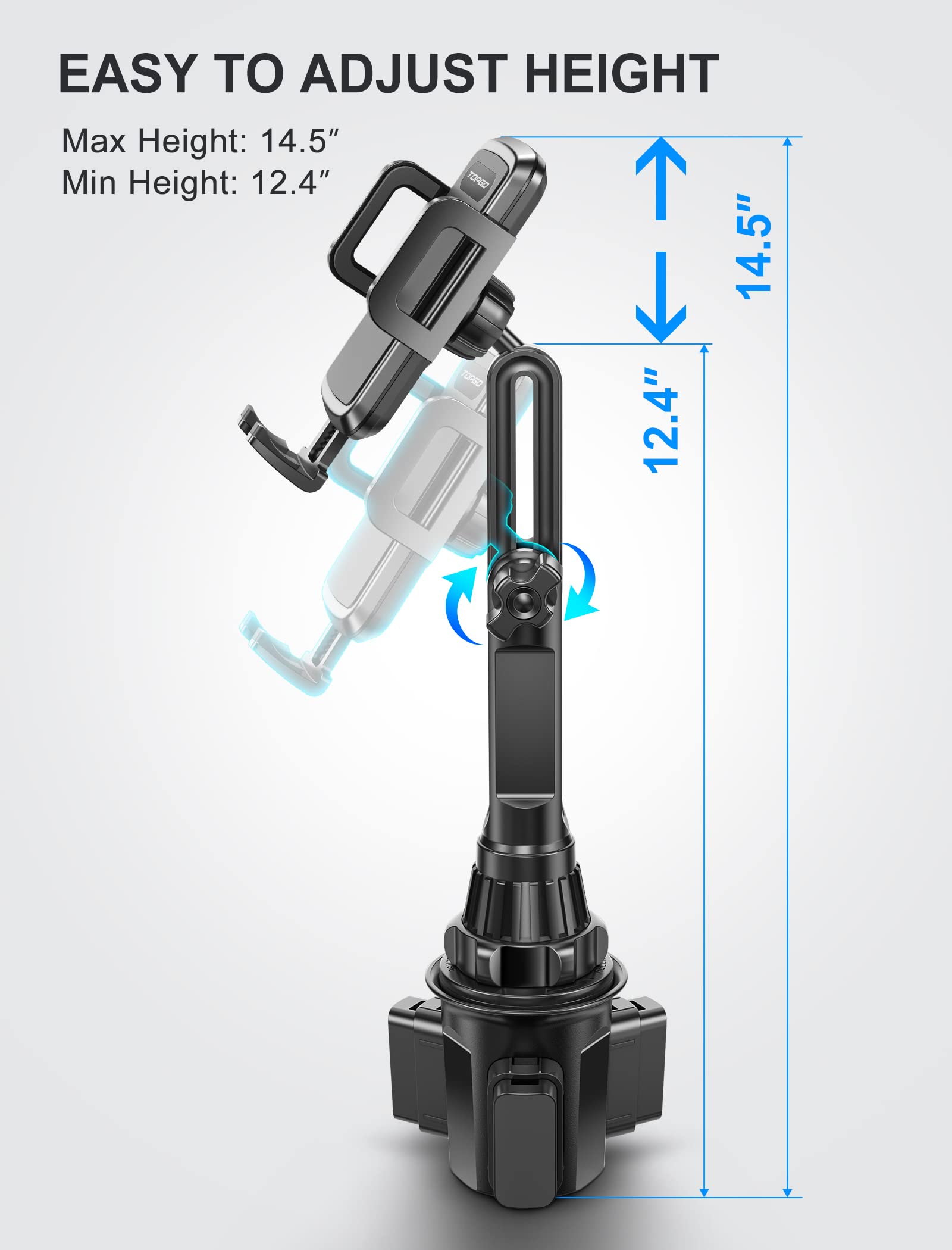 Topgo Cup Phone Mount, [Height-Adjustable Pole & Non-Shaking] Cup Phone Holder For Car, Cell Phone Cradle For Iphone 16 And All 4.0-7.0 Inches Smartphone - Black