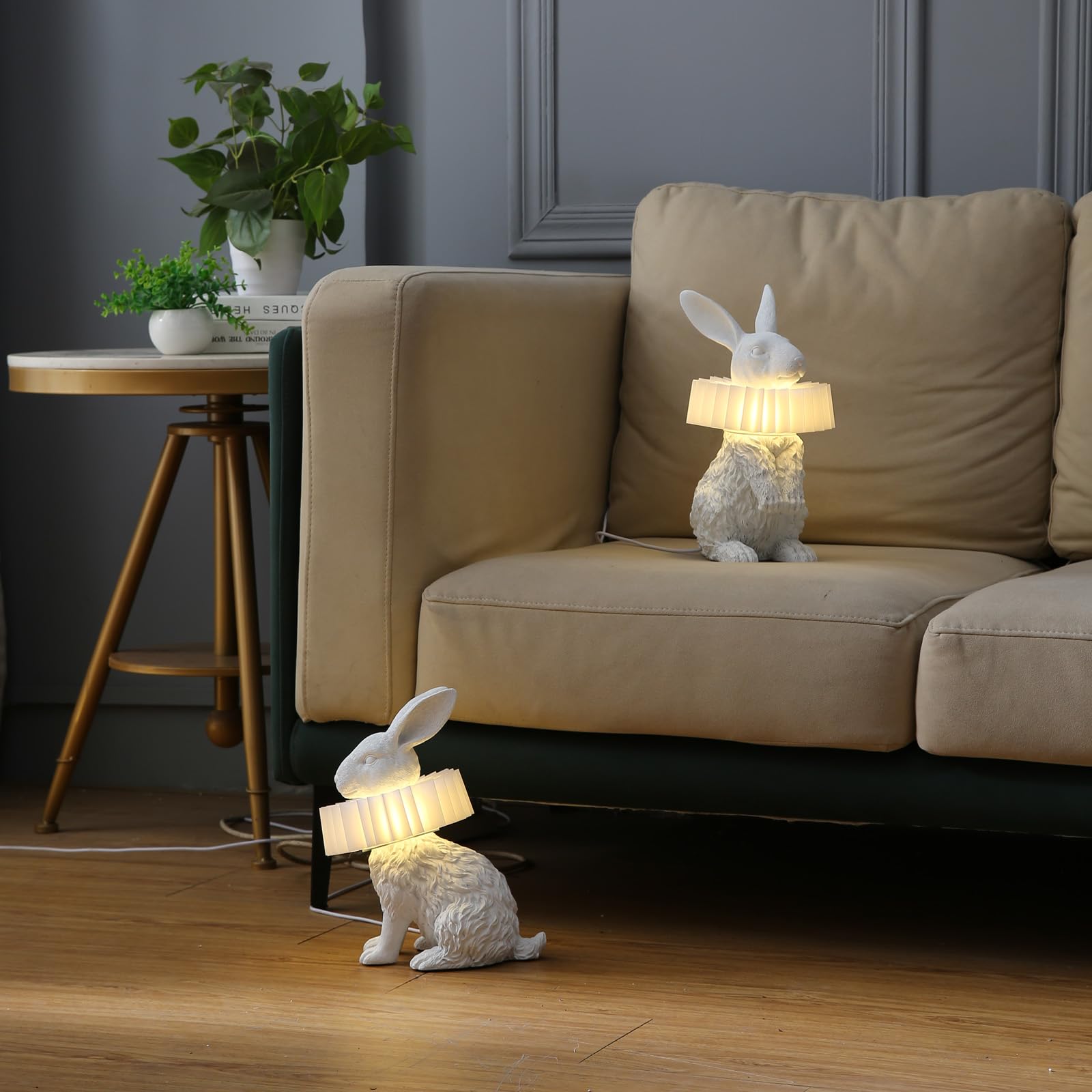 Lazhug White Scarf Rabbit Table Lamp,Resin Crafted Bunny Lamp Featuring White Pleated Pc Lampshade,Usb Plug,Low Voltage Energy-Efficient Nightstand Lamp