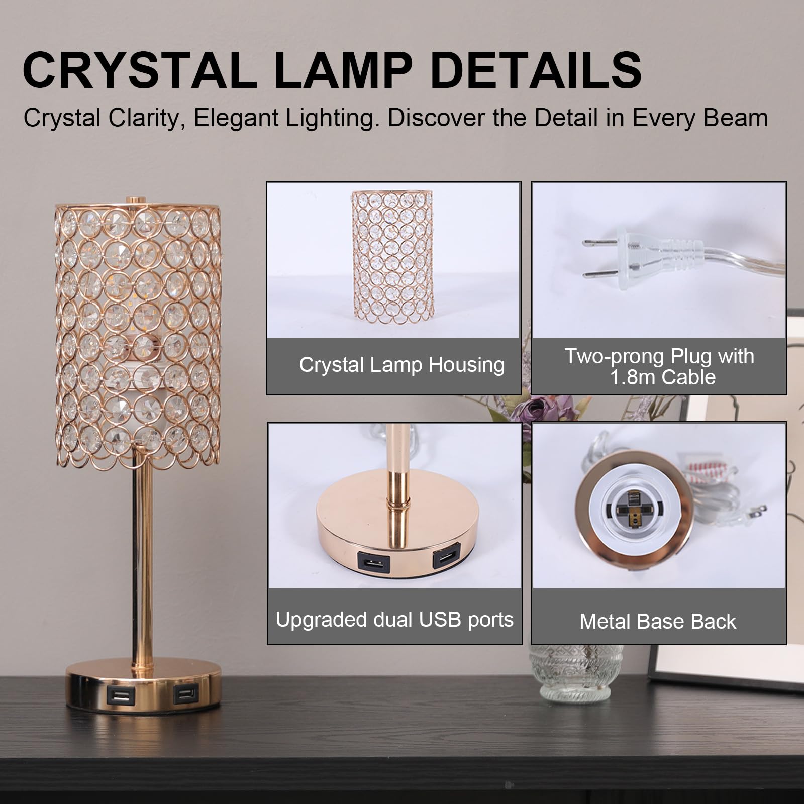 Krasty Crystal Gold Table Lamp,Touch Control Lamp With Two Usb Ports, 3-Way Dimmable Nightstand Lamp With Crystal Lampshade,Bedside Lamp For Bedroom Living Room Kid Room(Bulb Not Included)
