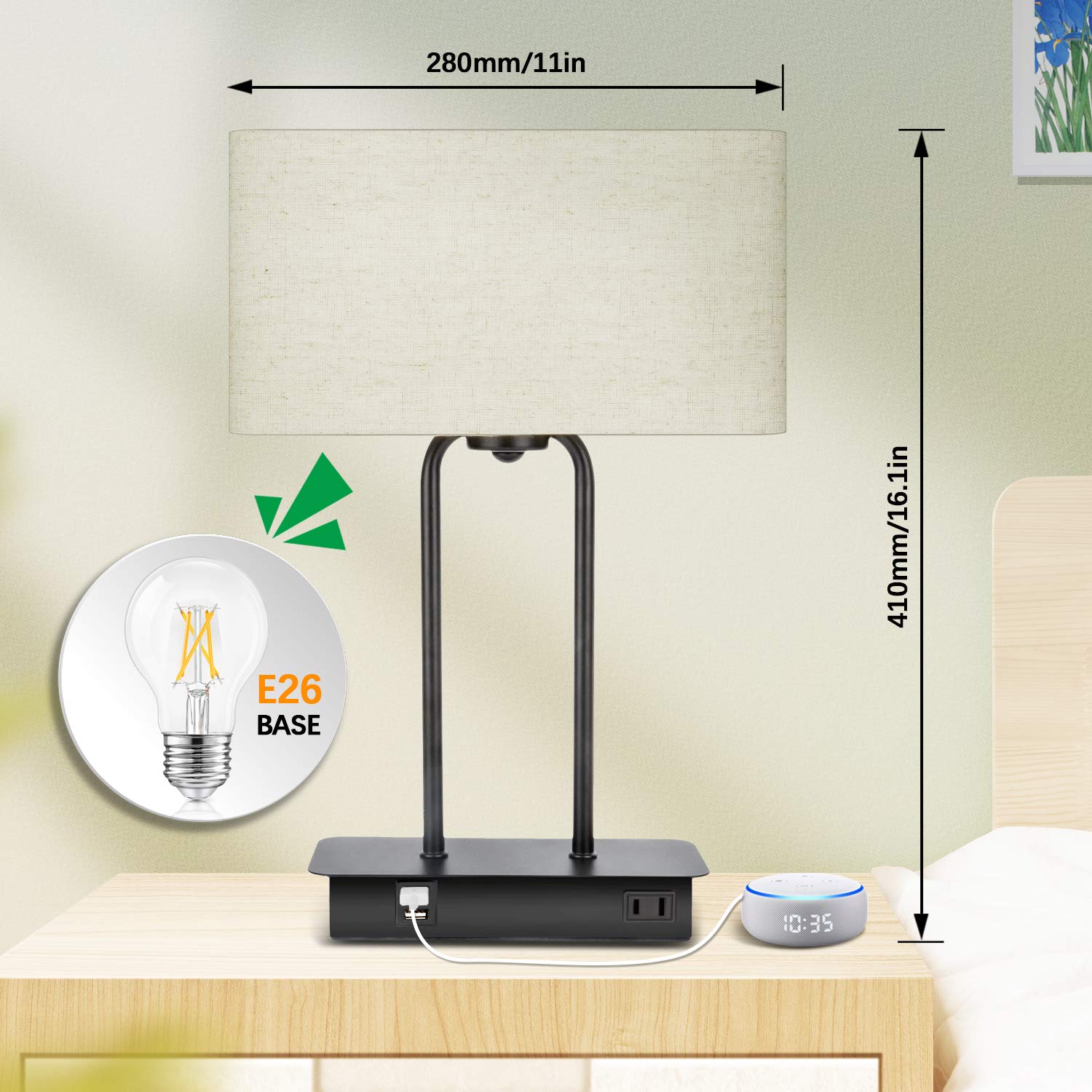 Beslowe 3-Way Dimmable Touch Control Table Lamp With 2 Usb Ports And Ac Power Outlet Modern Bedside Nightstand Lamp Fabric Shade And Metal Base For Guestroom Bedroom Living Room Led Bulb Included Warm White
