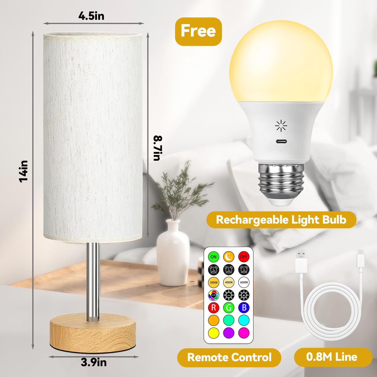 Pinrutar Battery Powered Table Lamp With Remote Control, Cordless Usb Rechargeable Table Light, Rgb Color Changing Ambient Light, Dimmable Bedside Lamp, Adjustable Brightness, Timer, Night Light, 14 Modes