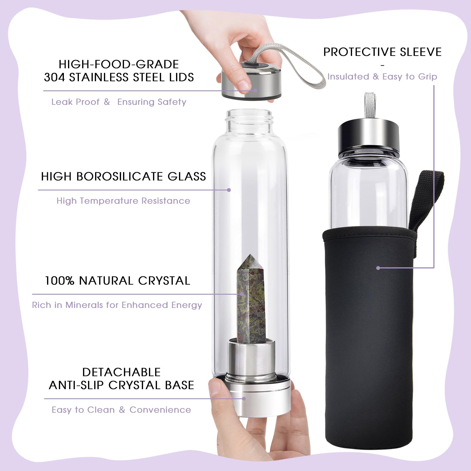 Chezmax Crystal Glass Water Bottle Energy Quartz Gemstone Water Bottle With Changeable Natural