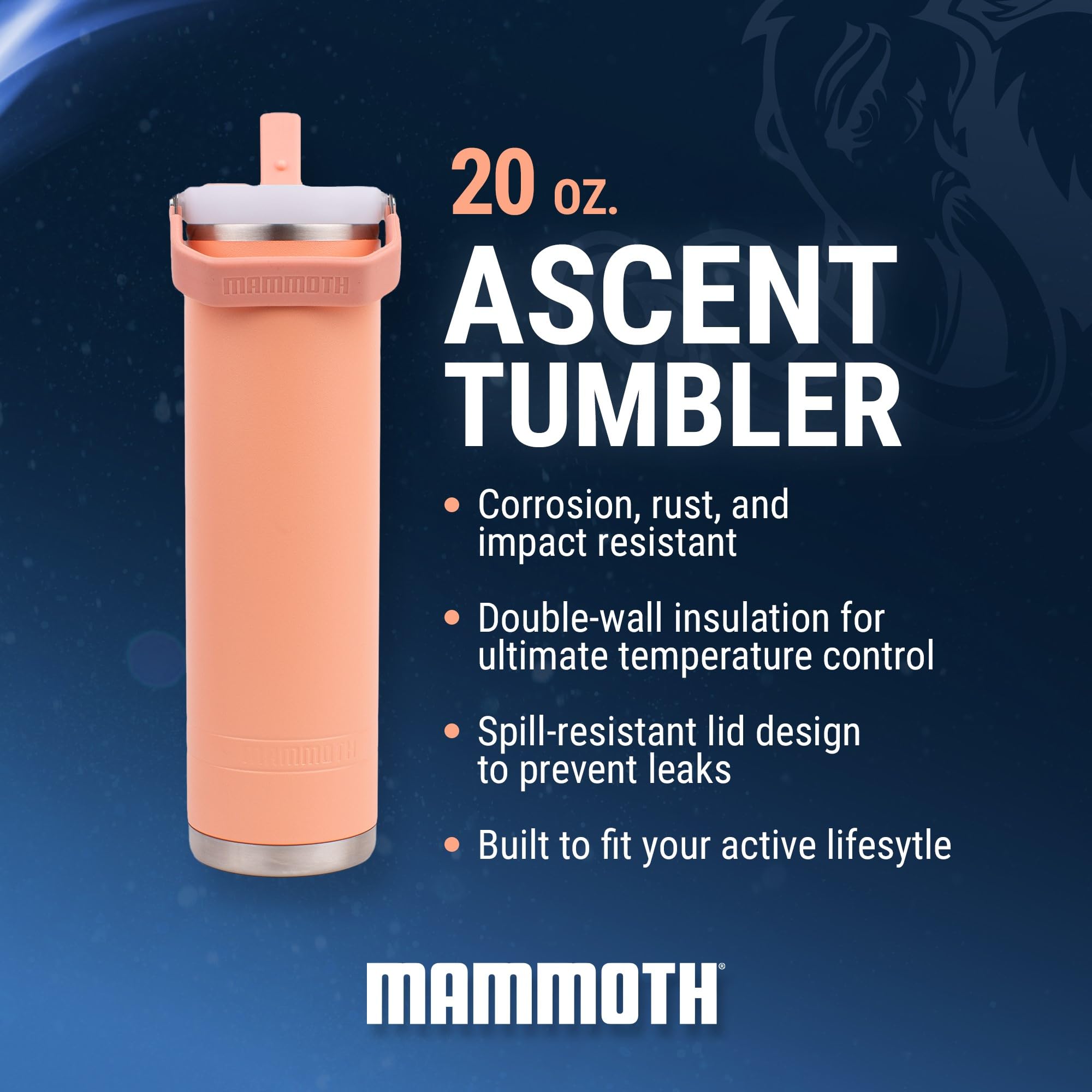 Mammoth Ascent Coral 20 Oz Tumbler, Insulated Water Bottle With 2-In-1 Flip Straw Lid And Top Handle