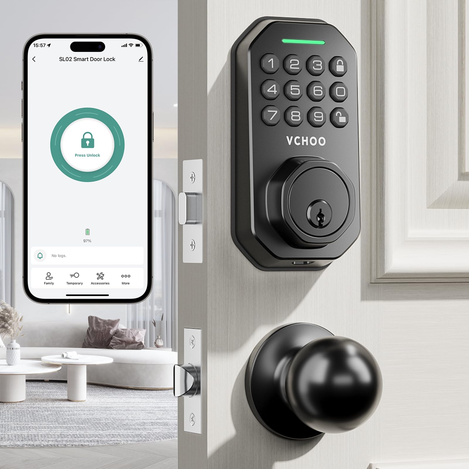 Vchoo Keyless Entry Door Lock With Handle App Control Door Locks For Front Door Anti-Peeping Password Smart Door Lock For Homes Hotel Bedroom Doors With 2 Door Knobs