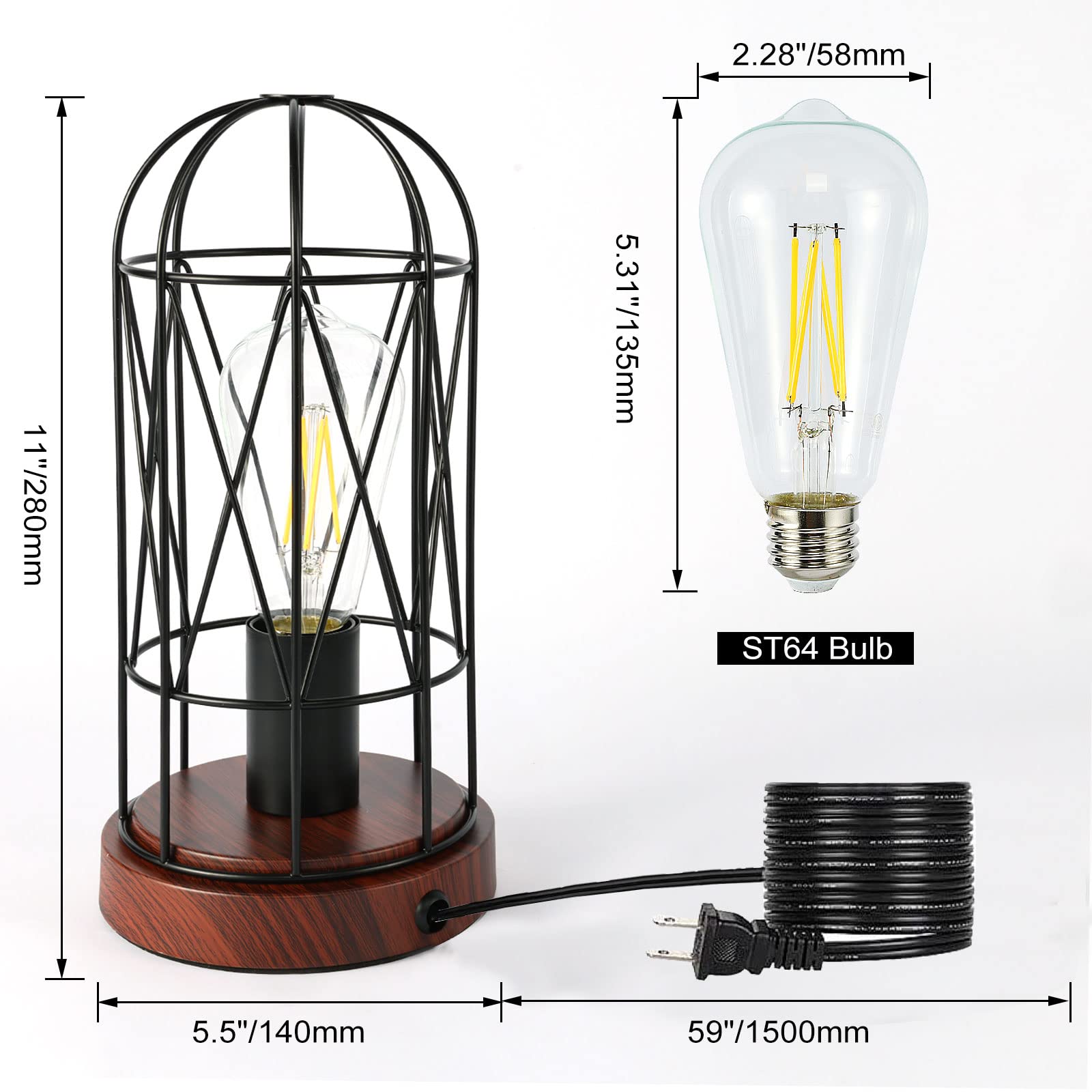 Gyrovu Industrial Table Lamp, Small Touch Control Edison Desk Lamp 3 Way Dimmable Vintage Bedside Lamp With Ac Outlet Metal Cage Steampunk Nightstand Lamp For Living Room, Bedroom Or Den