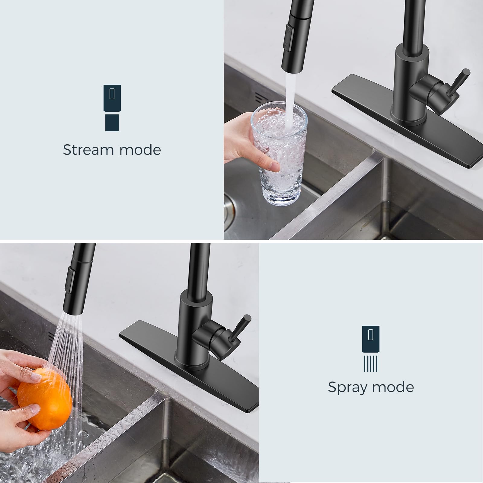 Forious Black Kitchen Faucet With Pull Down Sprayer, High Arc Modern Classic Sink Faucet Stainless Steel With Deck Plate Fit For 1 Or 3 Hole For Bar Farmhouse Laundry Rv