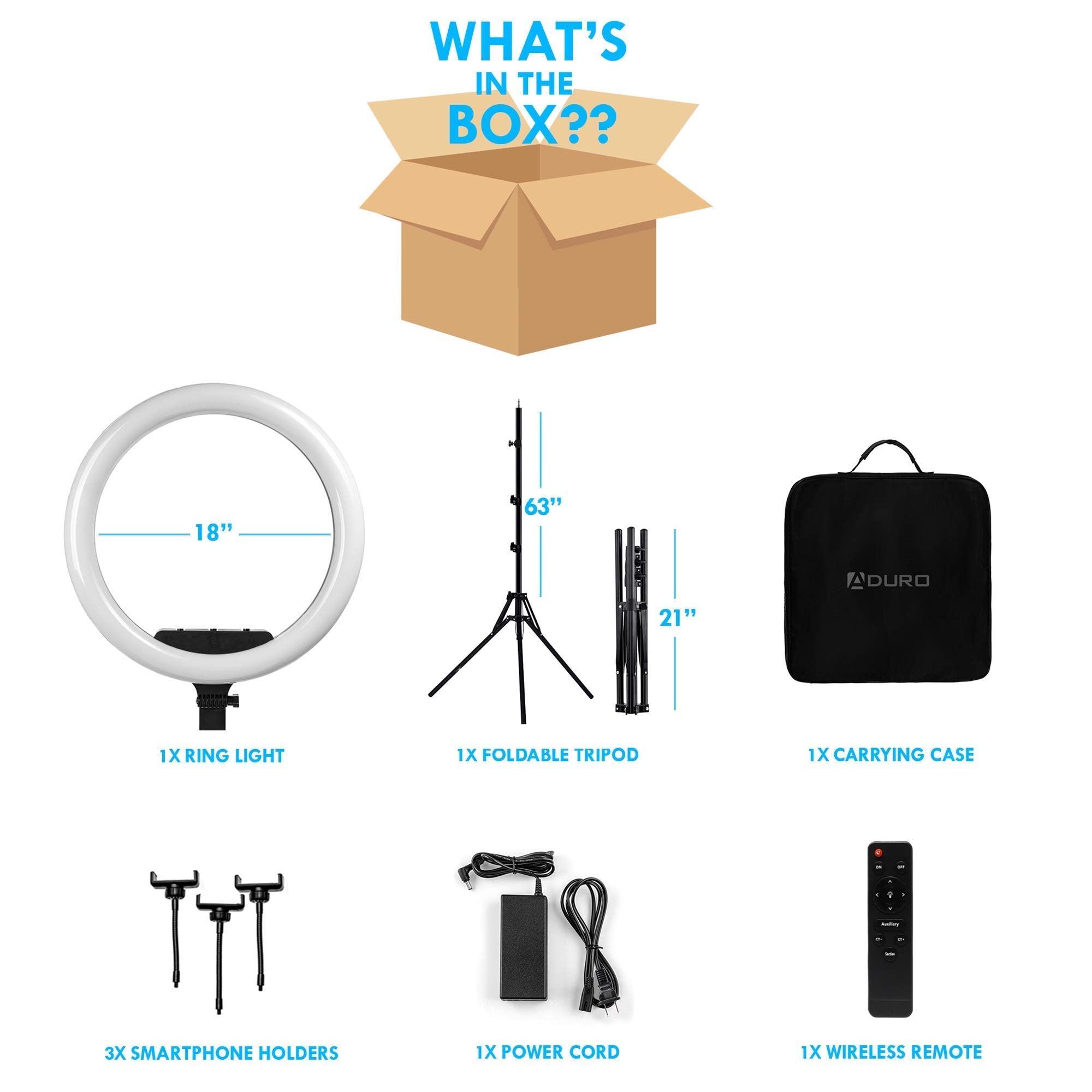 Aduro U-Stream 18" Inch Ring Light Tripod Stand Tall Ringlight With 3 Phone Holders For Vlog Live Stream Videos Makeup Youtube Video Beauty Ring Light Pro With Stand Extendable Phone Tripod