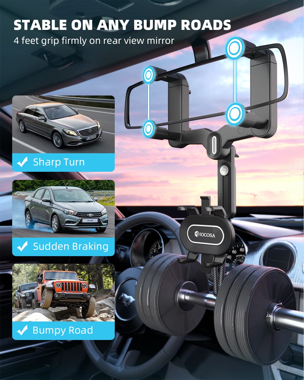 Jocosa Rear View Mirror Phone Holder, 360° Rotatable And Retractable Universal Mount, Cell Car Phone Mount Fit For Iphone Samsung All Phone