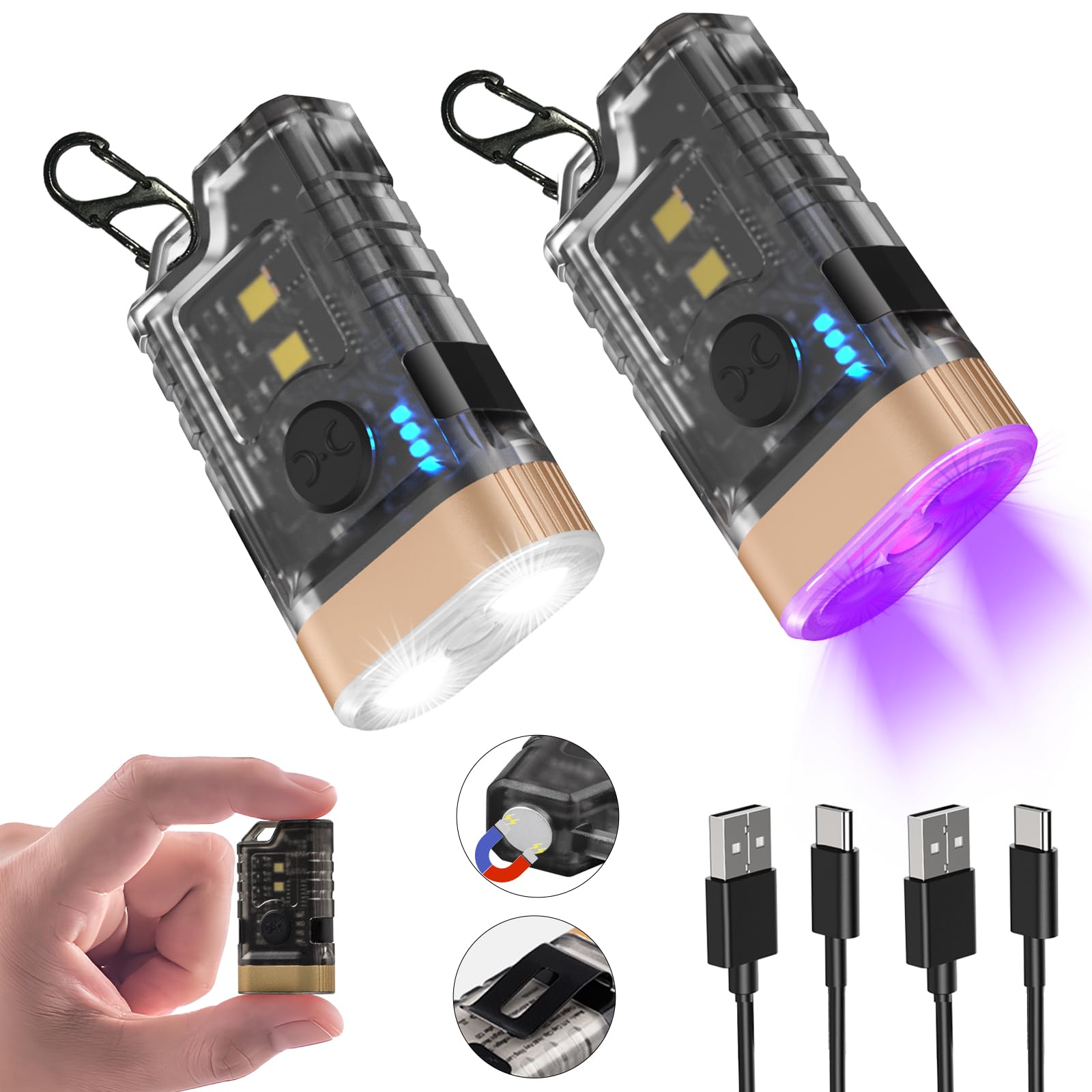 Itoncs Led Small Powerful Edc Flashlight, 365Nm Uv Black Light, Mini Led Flashlight 1500 Lm, Usb C Rechargeable Mini Keychain Flash Light With Clip, Tail Magnet, 9 Modes, Waterproof Pocket Flashlights 2 Pc
