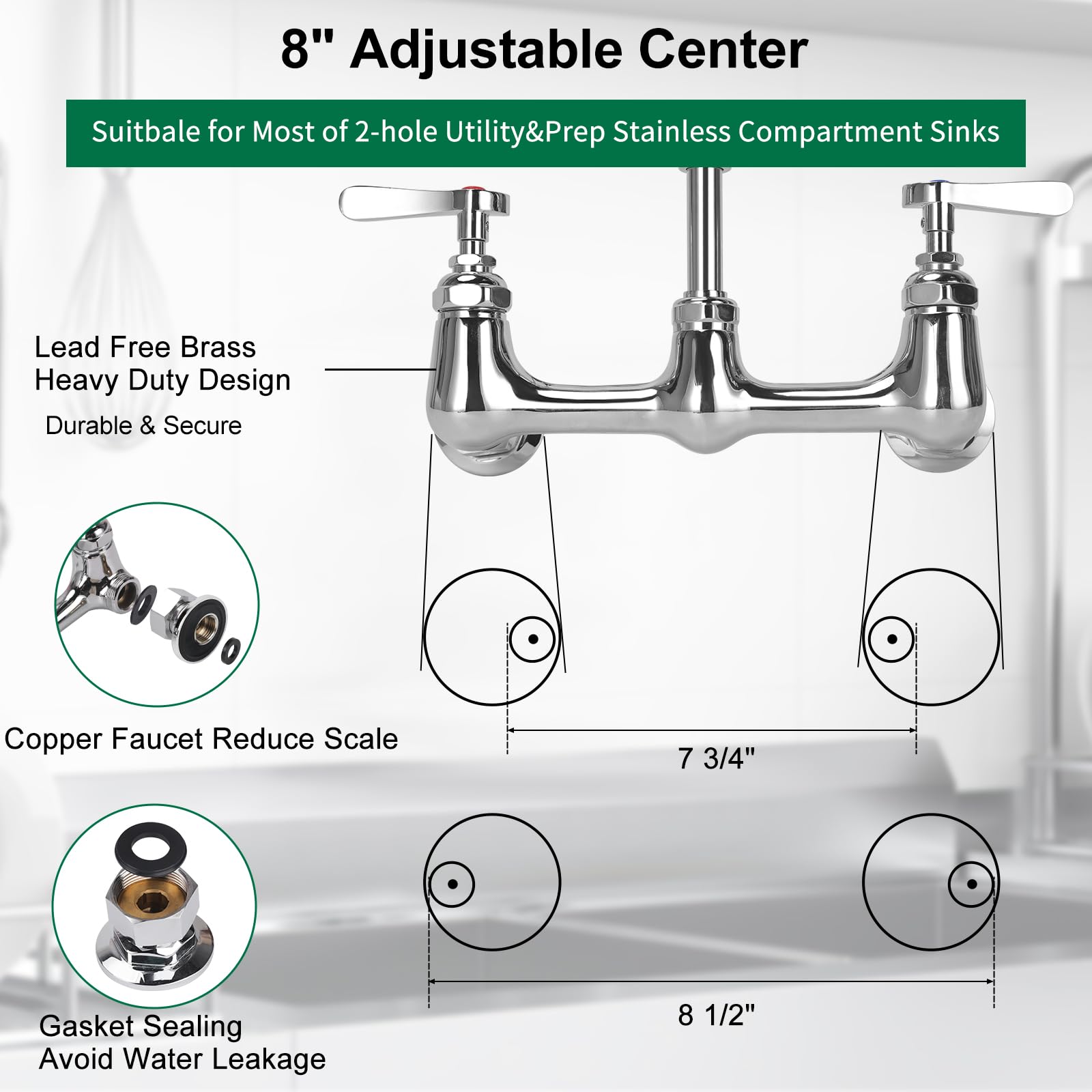 Kwode 36” Height Commercial Kitchen Faucet Wall Mount With Sprayer 8”Adjustable Center Restaurant Pre-Rinse Faucet With 12” Swing Spout And Pull Down Spray For 2/3 Compartment Sinks, Chrome Polished